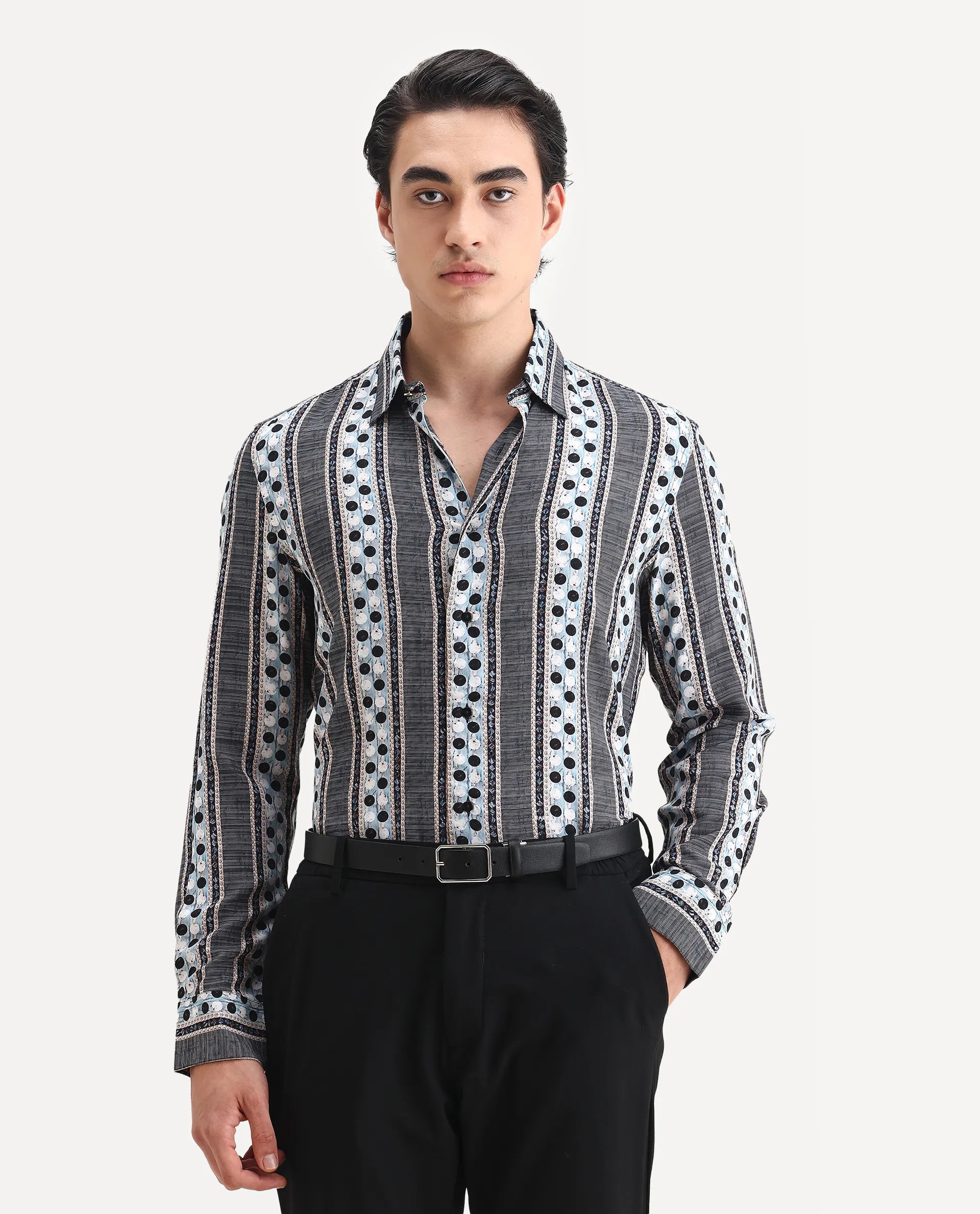 Rare Rabbit Men's Clortan Black Viscose Geometric Print Regular Fit Full Sleeve Collared Shirt