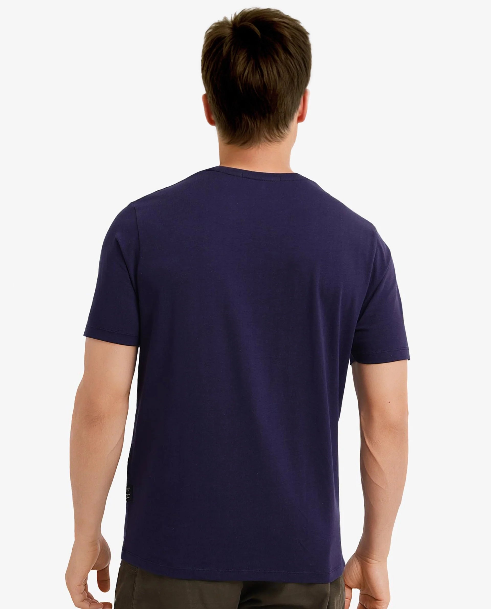 Rare Rabbit Men Colos Navy Cotton Lycra Fabric Short Sleeve Crew Neck Regular Fit Graphic Print T-Shirt