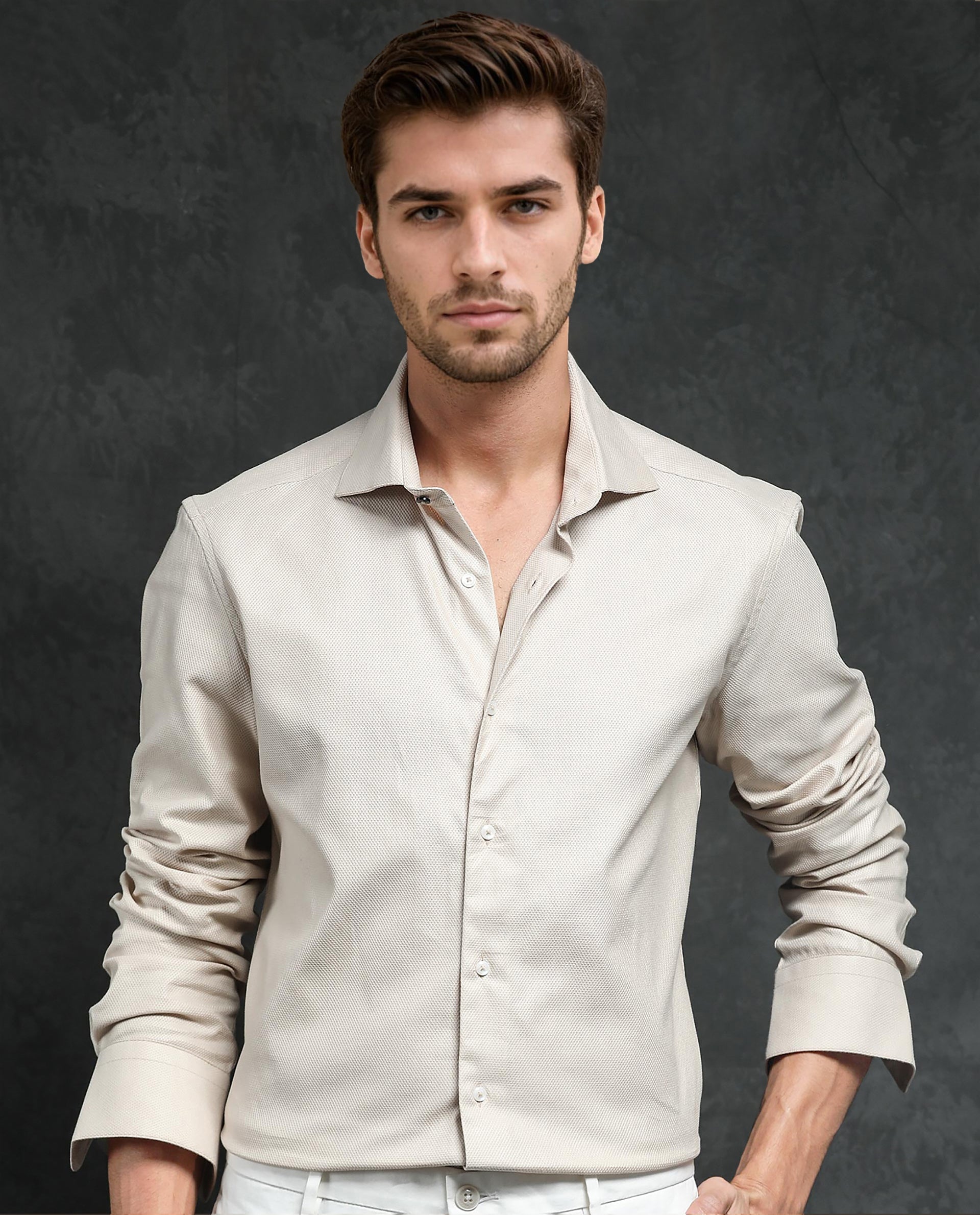 Rare Rabbit Men's Comb-1 Light Beige Cotton Fabric Full Sleeves Solid Shirt