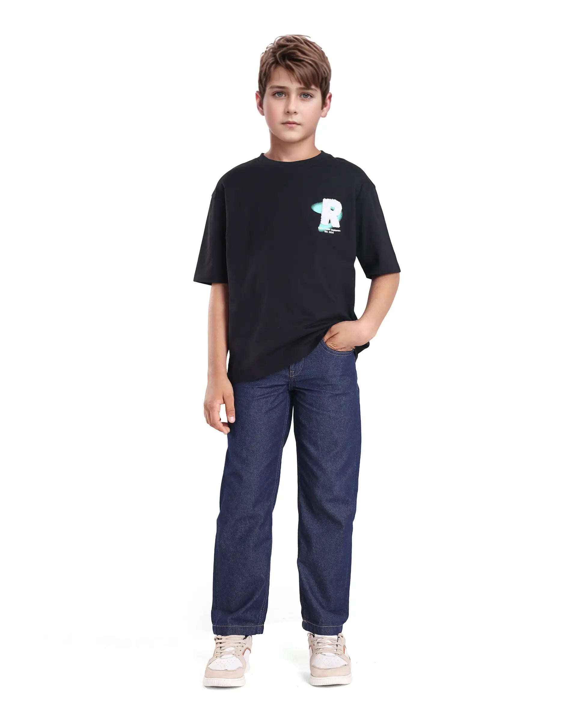 Rare Ones Kids Comet Black Cotton Printed Slip-On Oversized Fit T-Shirt