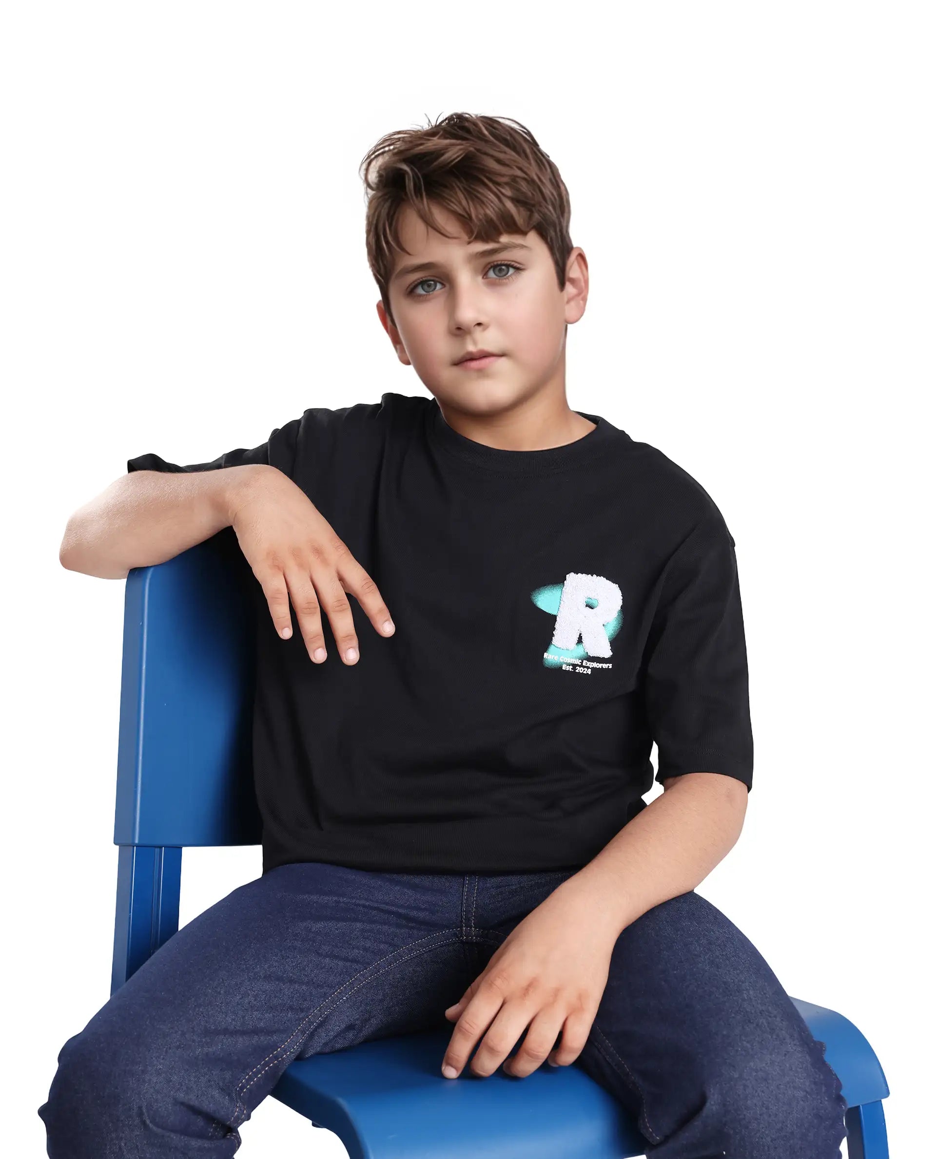 Rare Ones Kids Comet Black Cotton Printed Slip-On Oversized Fit T-Shirt