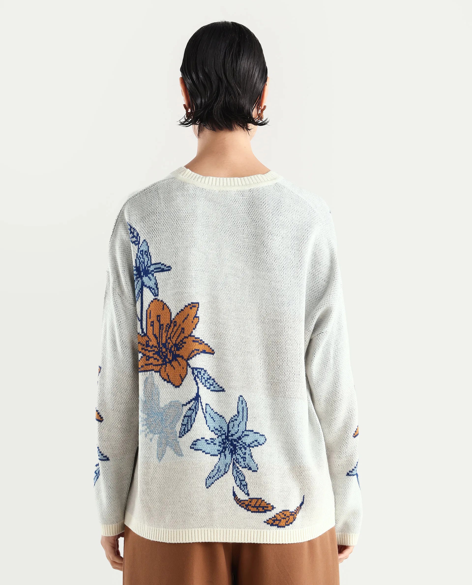 Rareism Women's Cometry Off White Acrylic V-Neck Floral Print Relaxed Fit Sweater