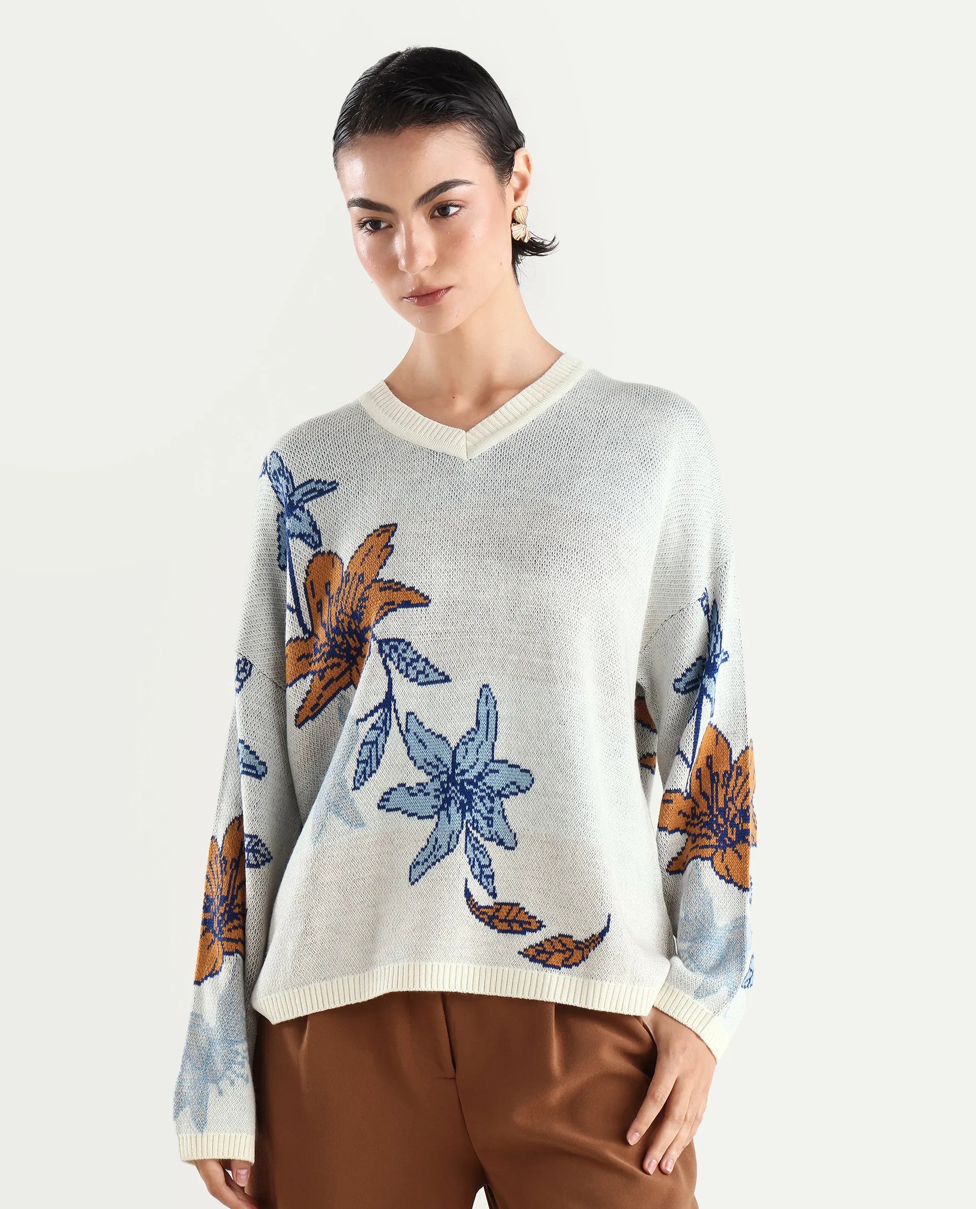 Rareism Women's Cometry Off White Acrylic V-Neck Floral Print Relaxed Fit Sweater