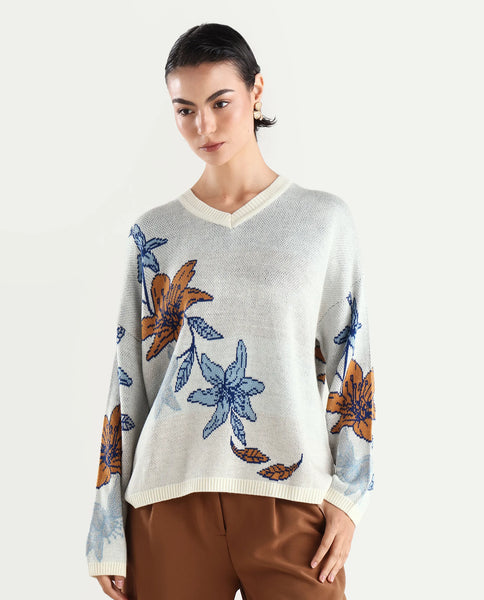 Buy Cometry - Off White Floral Print Relaxed Fit Sweater| Rareism