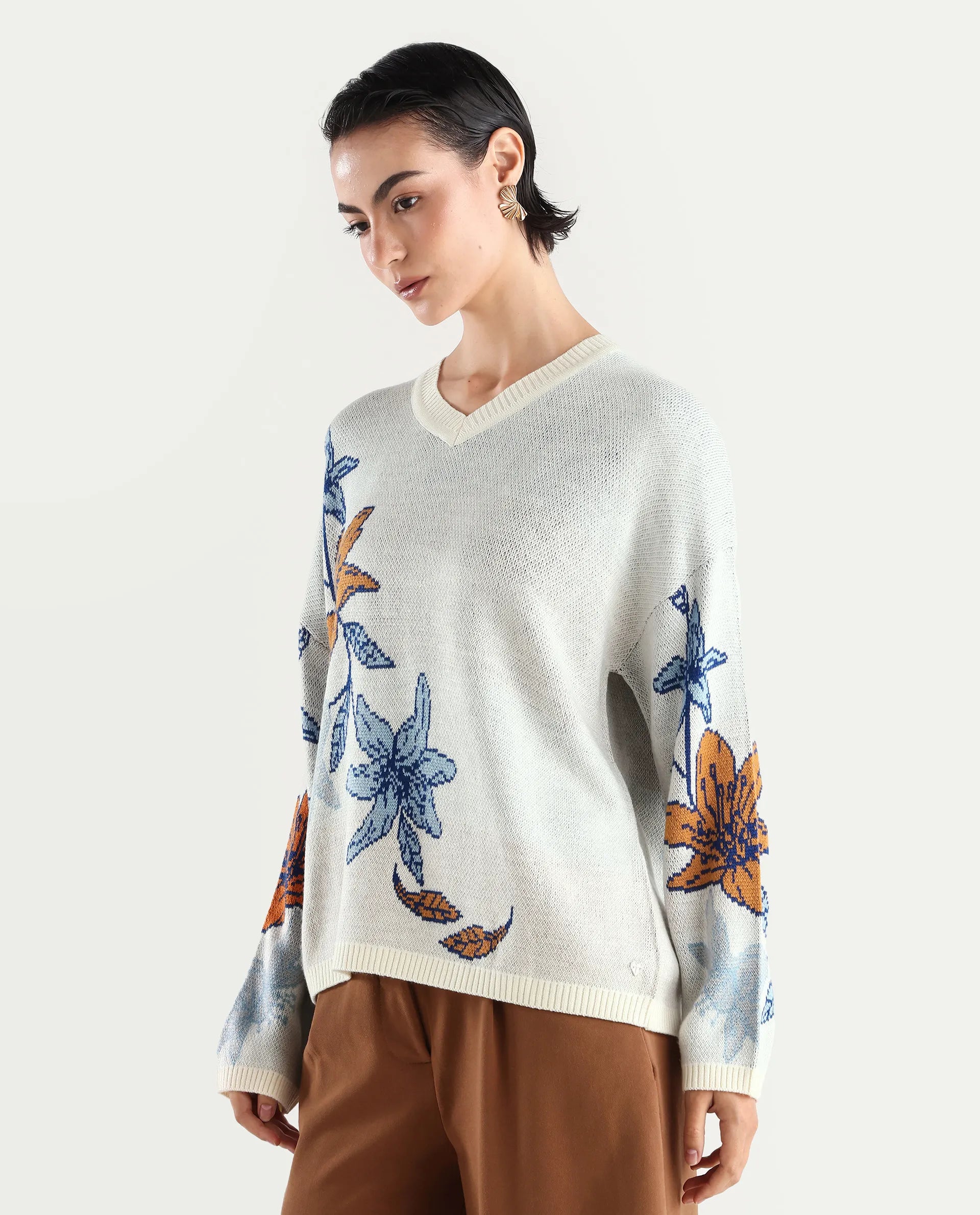 Rareism Women's Cometry Off White Acrylic V-Neck Floral Print Relaxed Fit Sweater