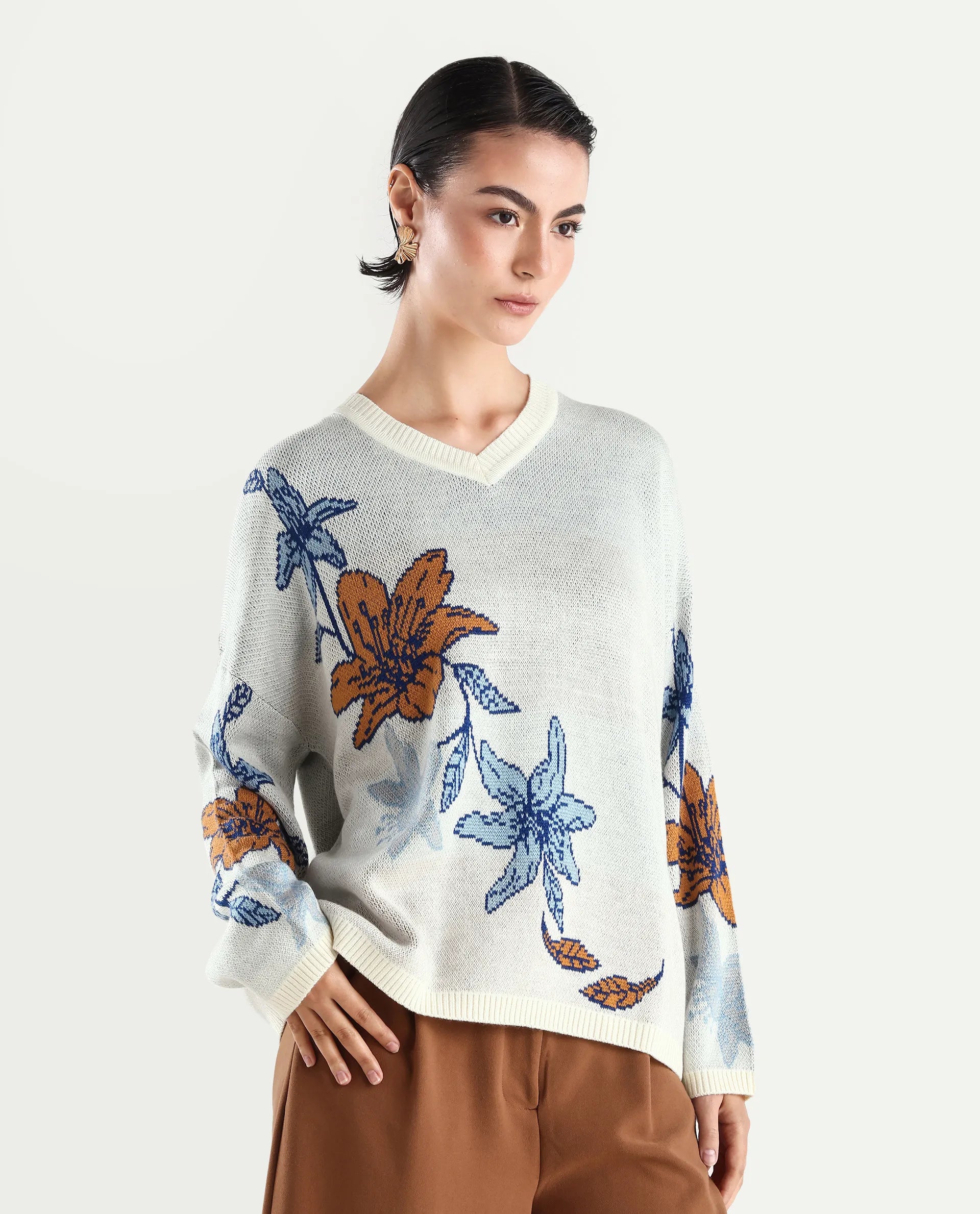 Rareism Women's Cometry Off White Acrylic V-Neck Floral Print Relaxed Fit Sweater