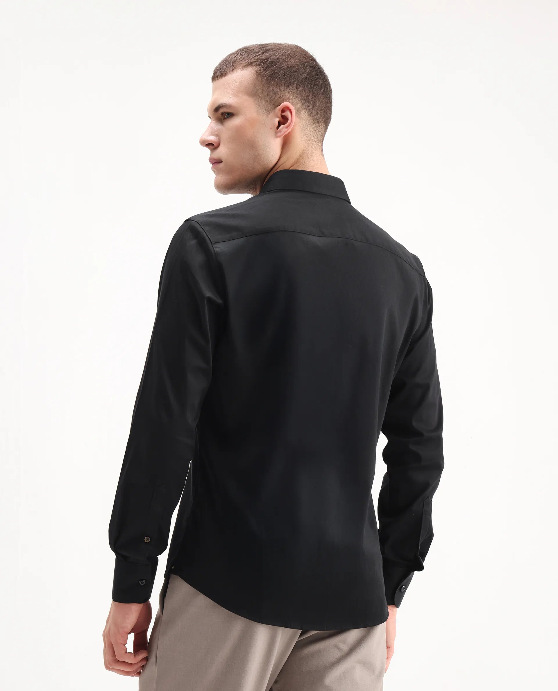 Rare Rabbit Men's Como-26 Black Satin Plain Regular Fit Full Sleeve Collared Shirt