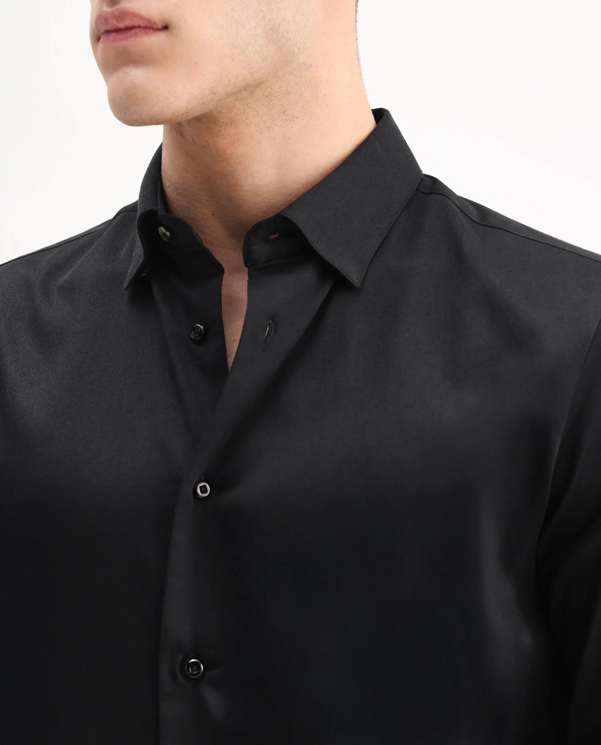 Rare Rabbit Men's Como-26 Black Satin Plain Regular Fit Full Sleeve Collared Shirt