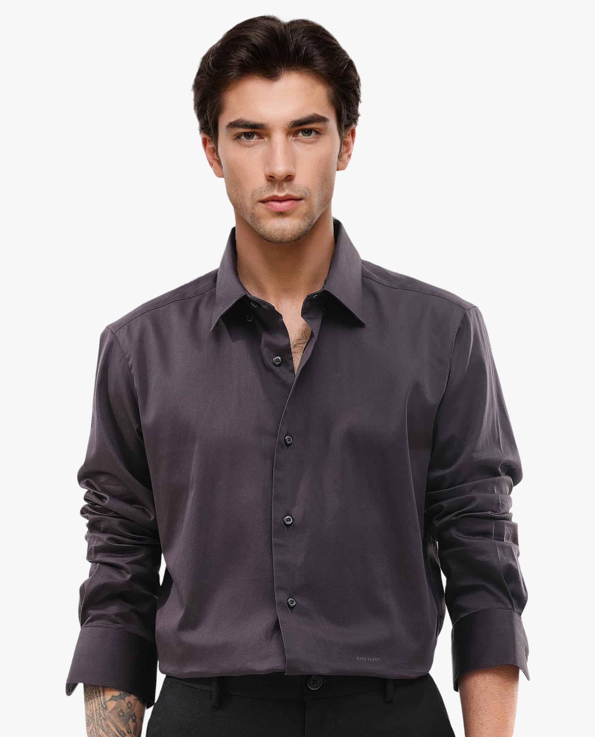 Rare Rabbit Mens Como-4 Dark Purple Satin Fabric Full Sleeves Solid Shirt