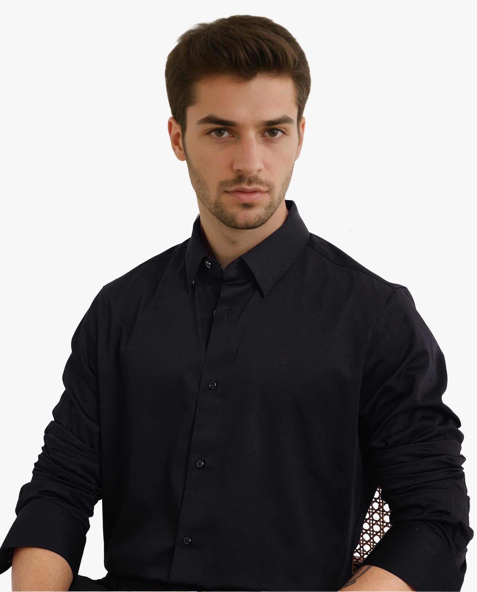 Rare Rabbit Men Como-5 Black Cotton Lycra Fabric Full Sleeve Regular Fit Plain Satin Shirt