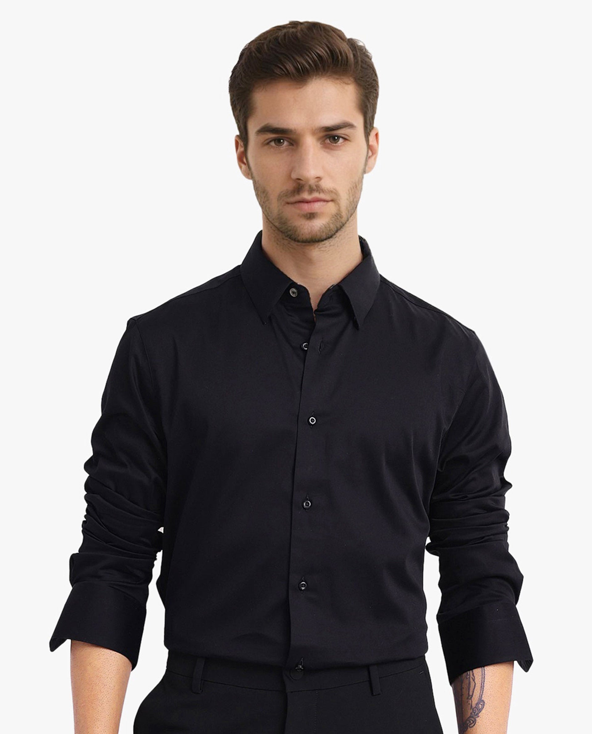 Rare Rabbit Men Como-5 Black Cotton Lycra Fabric Full Sleeve Regular Fit Plain Satin Shirt
