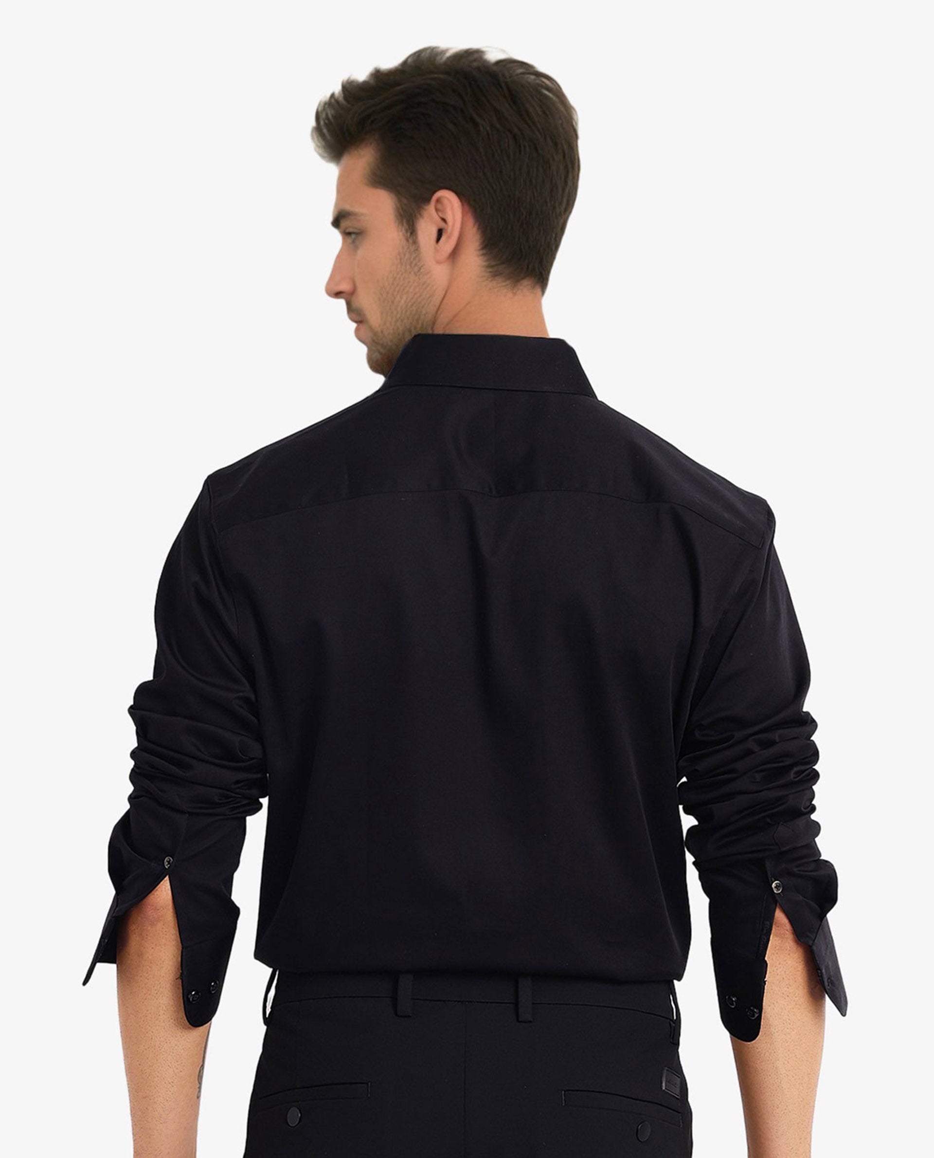 Rare Rabbit Men Como-5 Black Cotton Lycra Fabric Full Sleeve Regular Fit Plain Satin Shirt