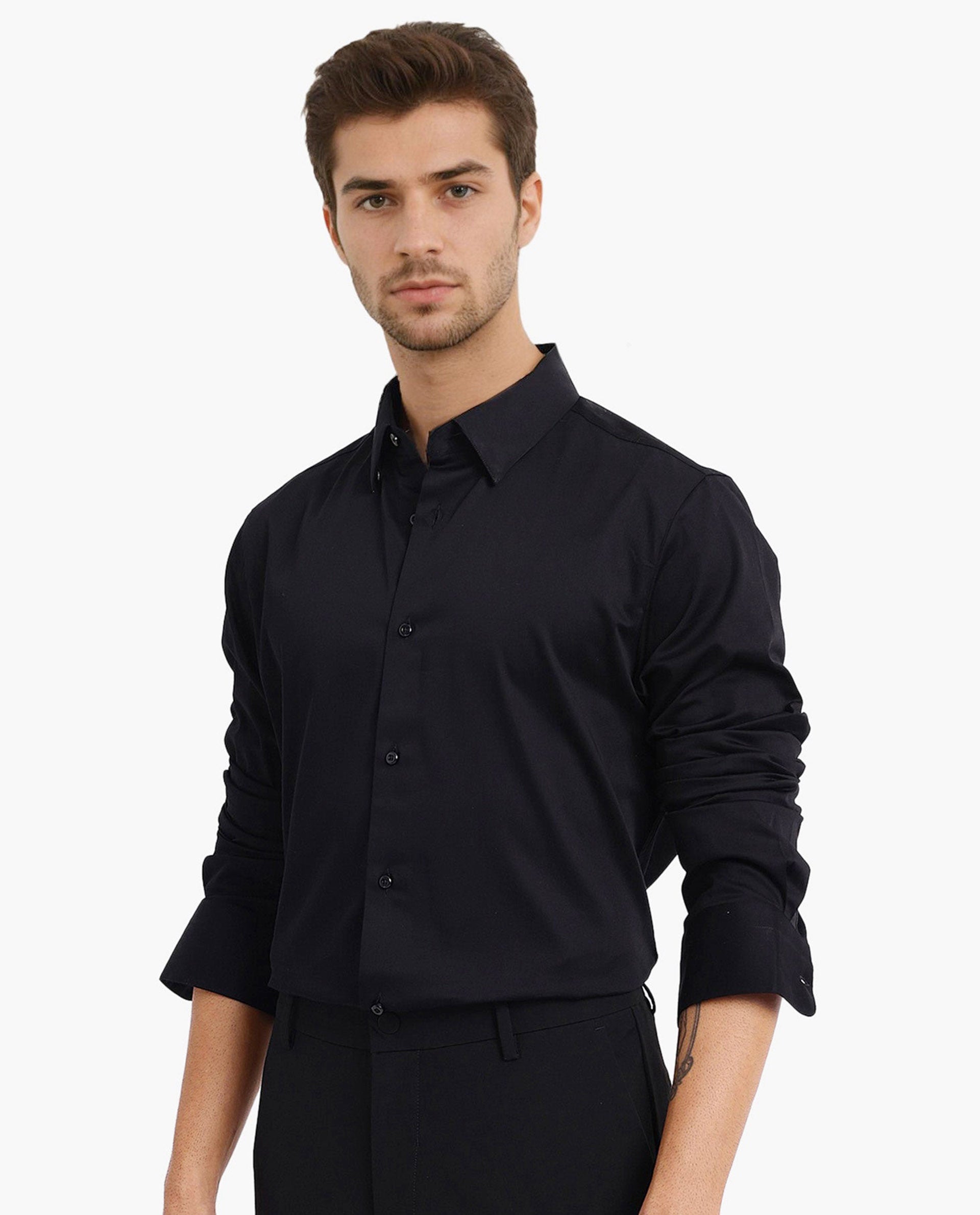 Rare Rabbit Men Como-5 Black Cotton Lycra Fabric Full Sleeve Regular Fit Plain Satin Shirt