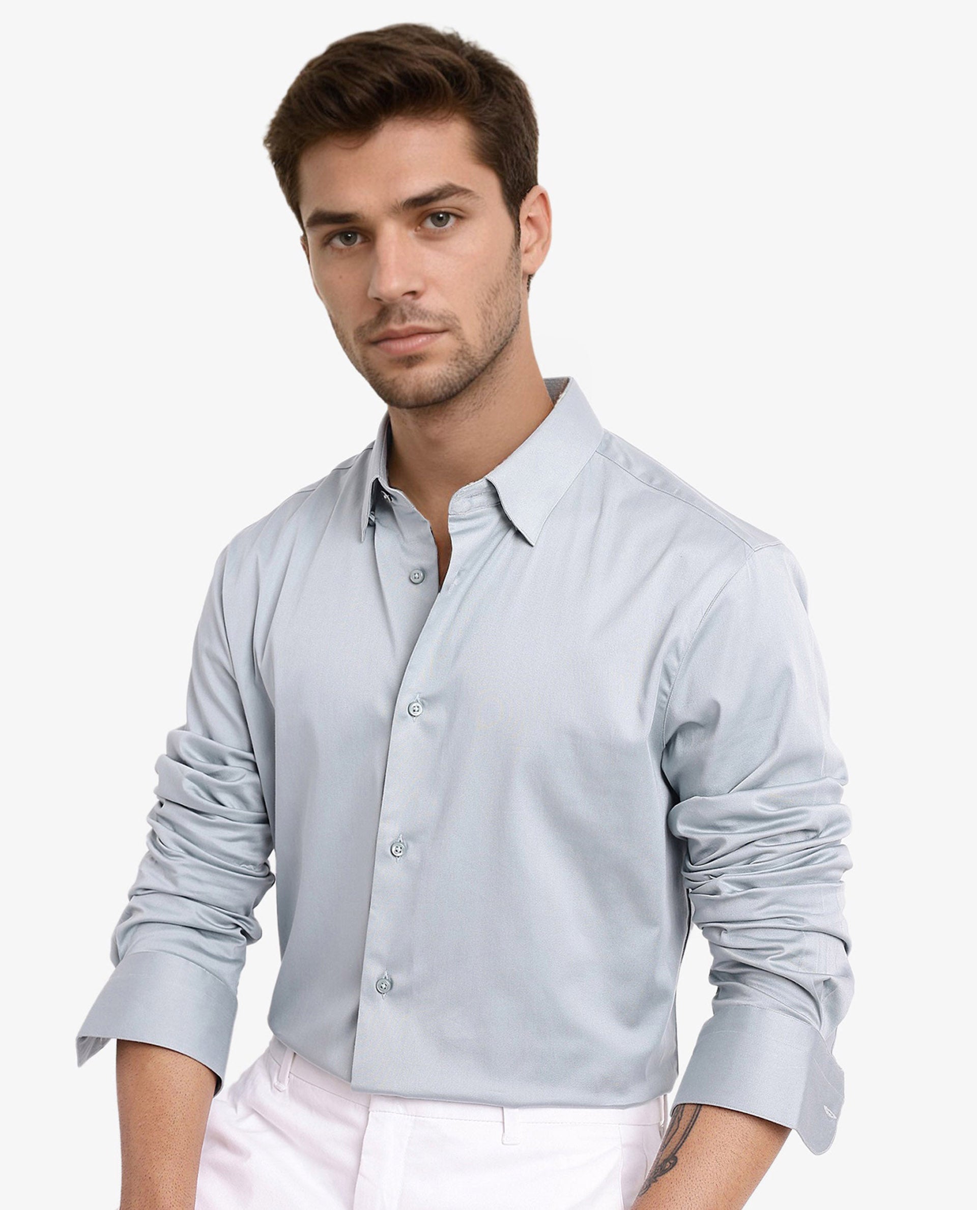 Rare Rabbit Men Como-5 Pastel Blue Cotton Lycra Fabric Full Sleeve Regular Fit Plain Satin Shirt
