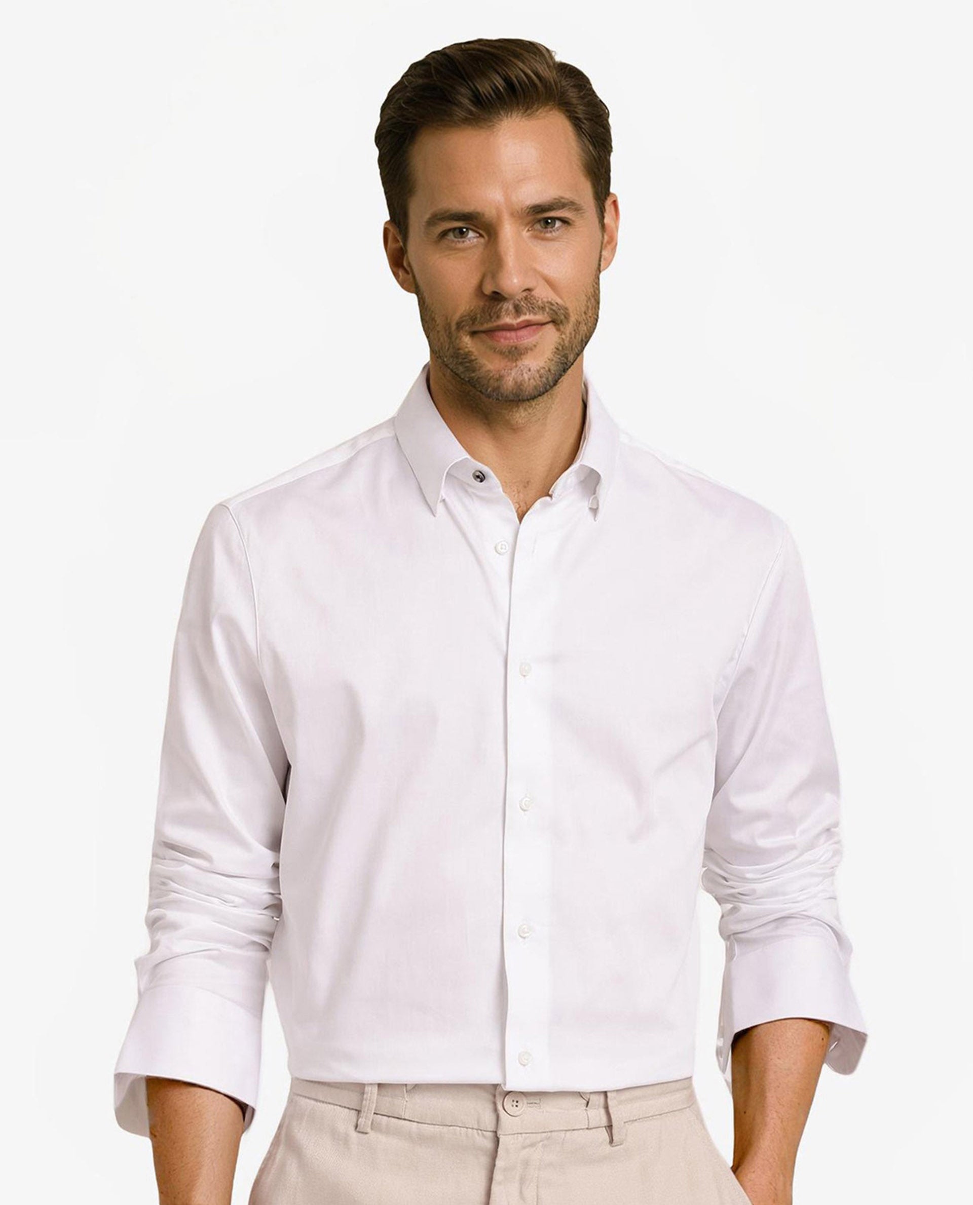 Rare Rabbit Men Como-5 White Cotton Lycra Fabric Full Sleeve Regular Fit Plain Satin Shirt