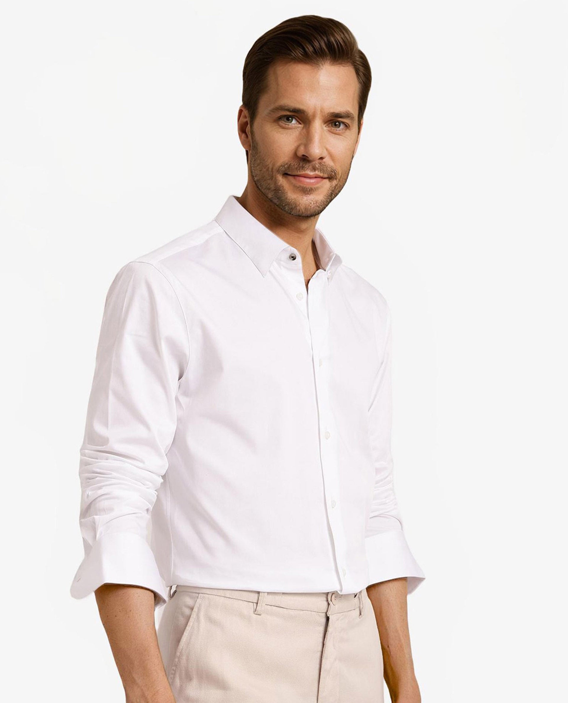 Rare Rabbit Men Como-5 White Cotton Lycra Fabric Full Sleeve Regular Fit Plain Satin Shirt