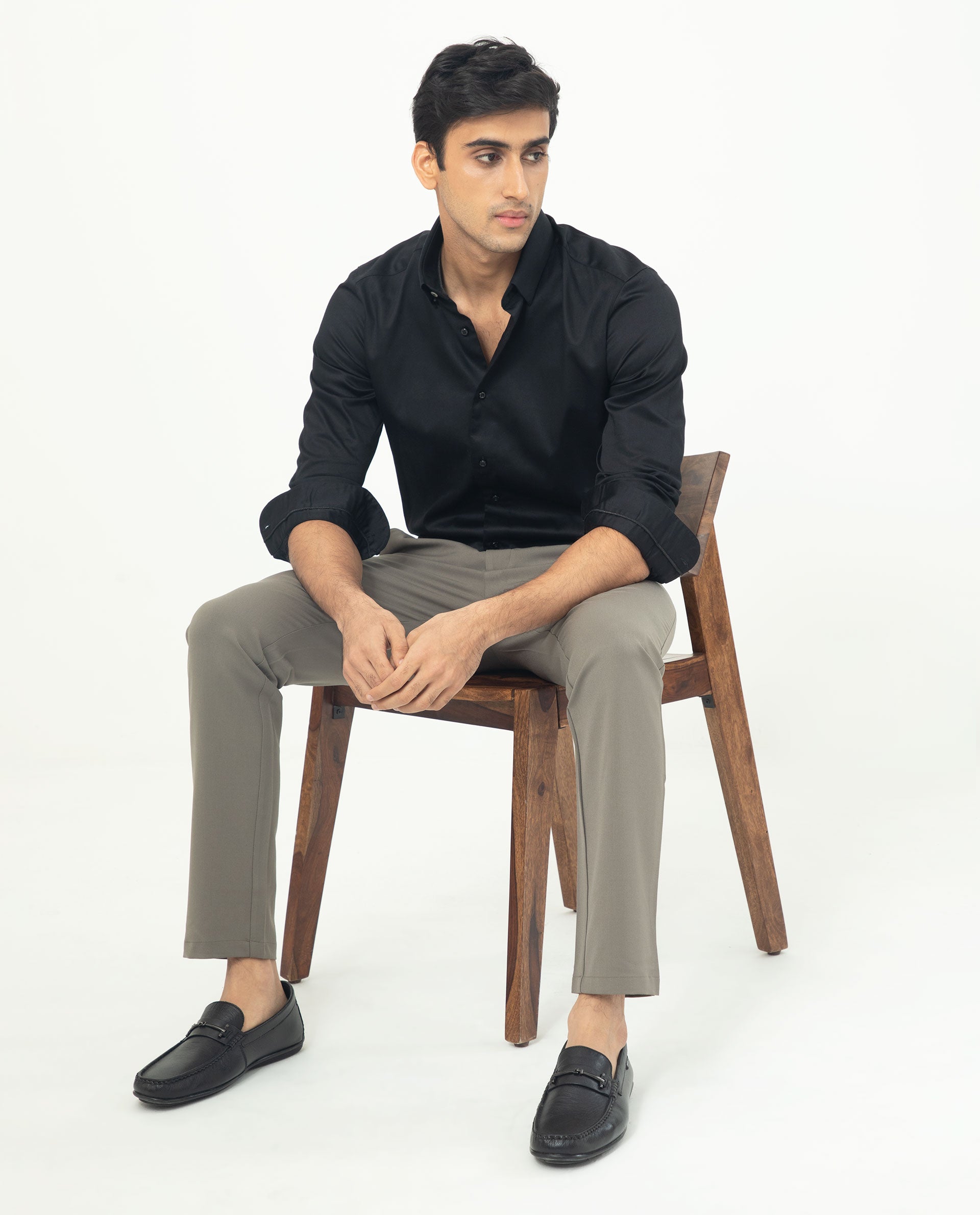 Rare Rabbit Men's Comor Black Satin Fabric Full Sleeves Solid Shirt