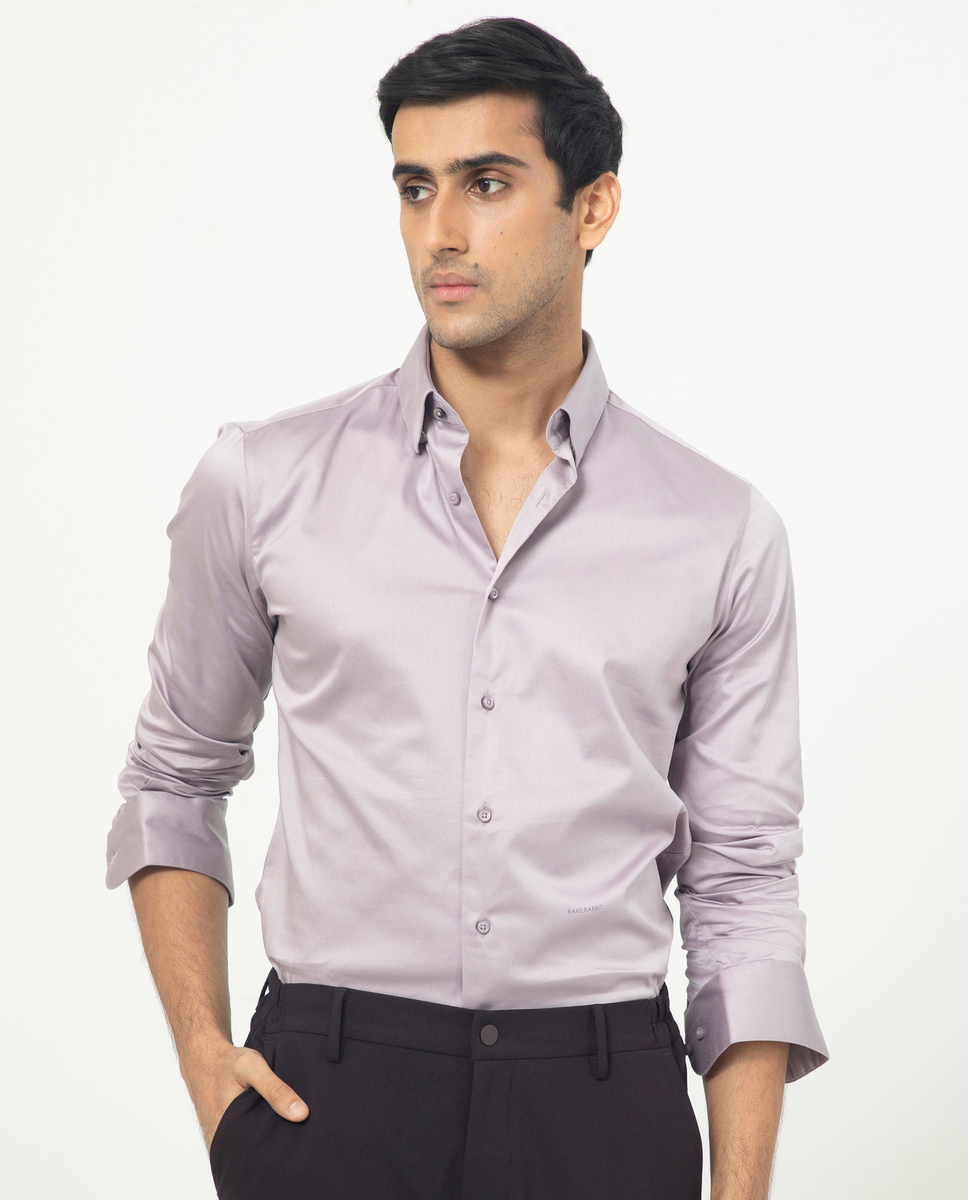 Rare Rabbit Men's Como Pastel Pink Satin Stretch Cotton Blend Full Sleeves Solid Shirt