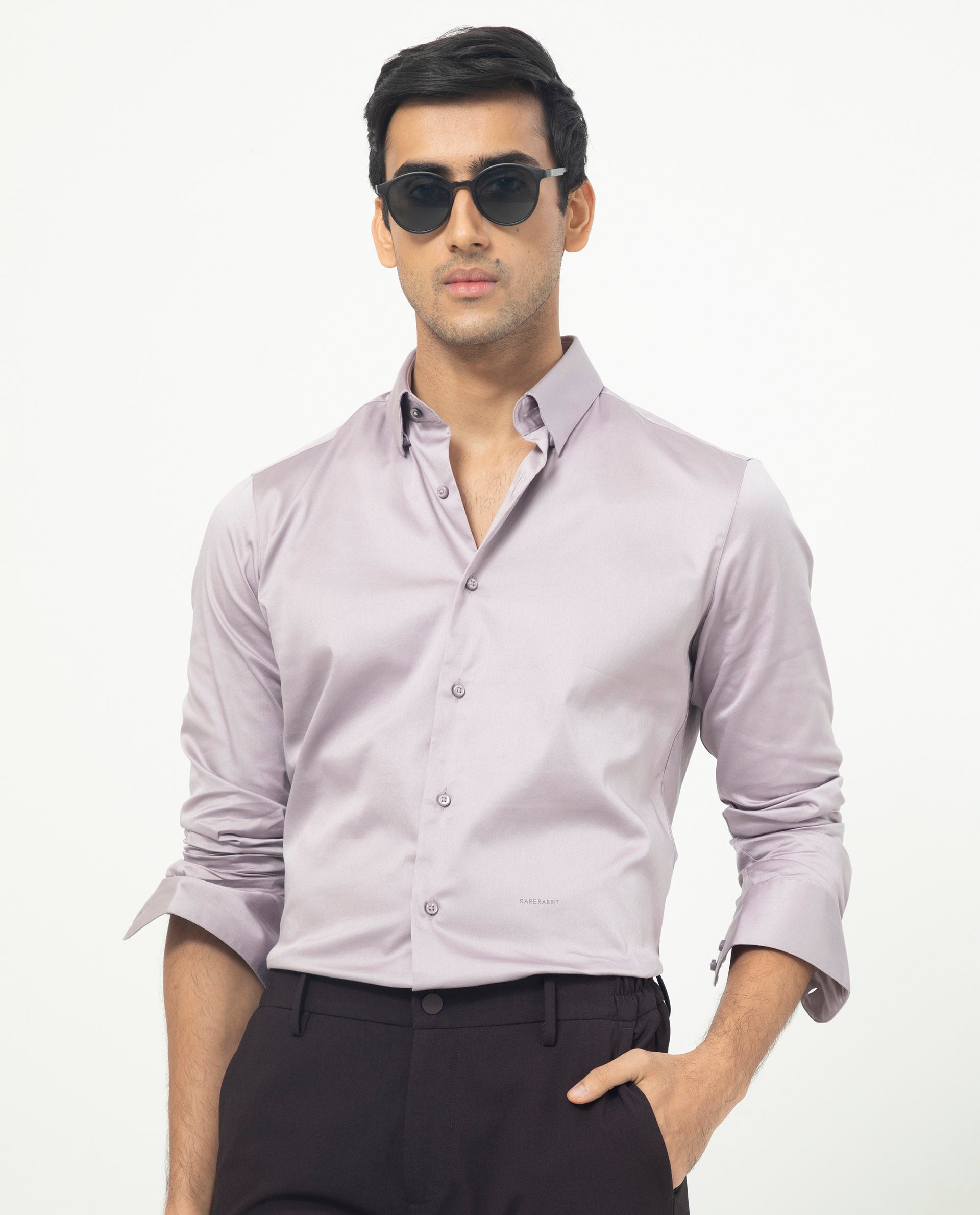 Rare Rabbit Men's Como Pastel Pink Satin Stretch Cotton Blend Full Sleeves Solid Shirt