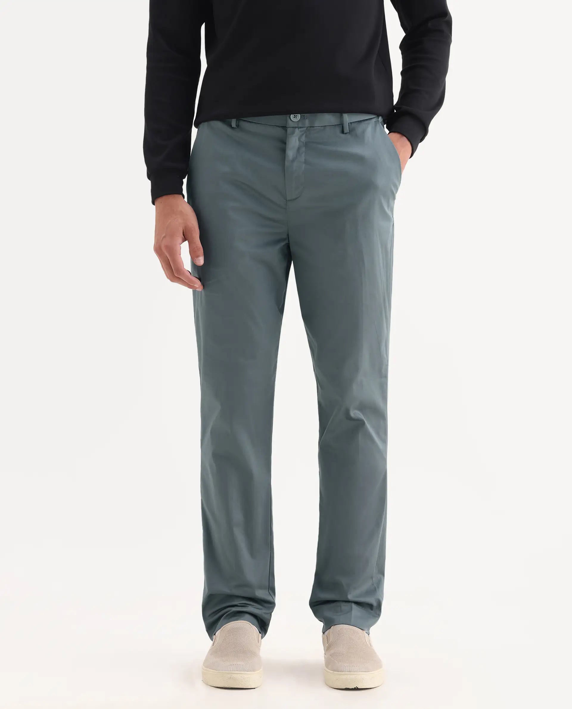 Rare Rabbit Men's Comotel Grey Cotton Blend Plain Regular Fit Trouser