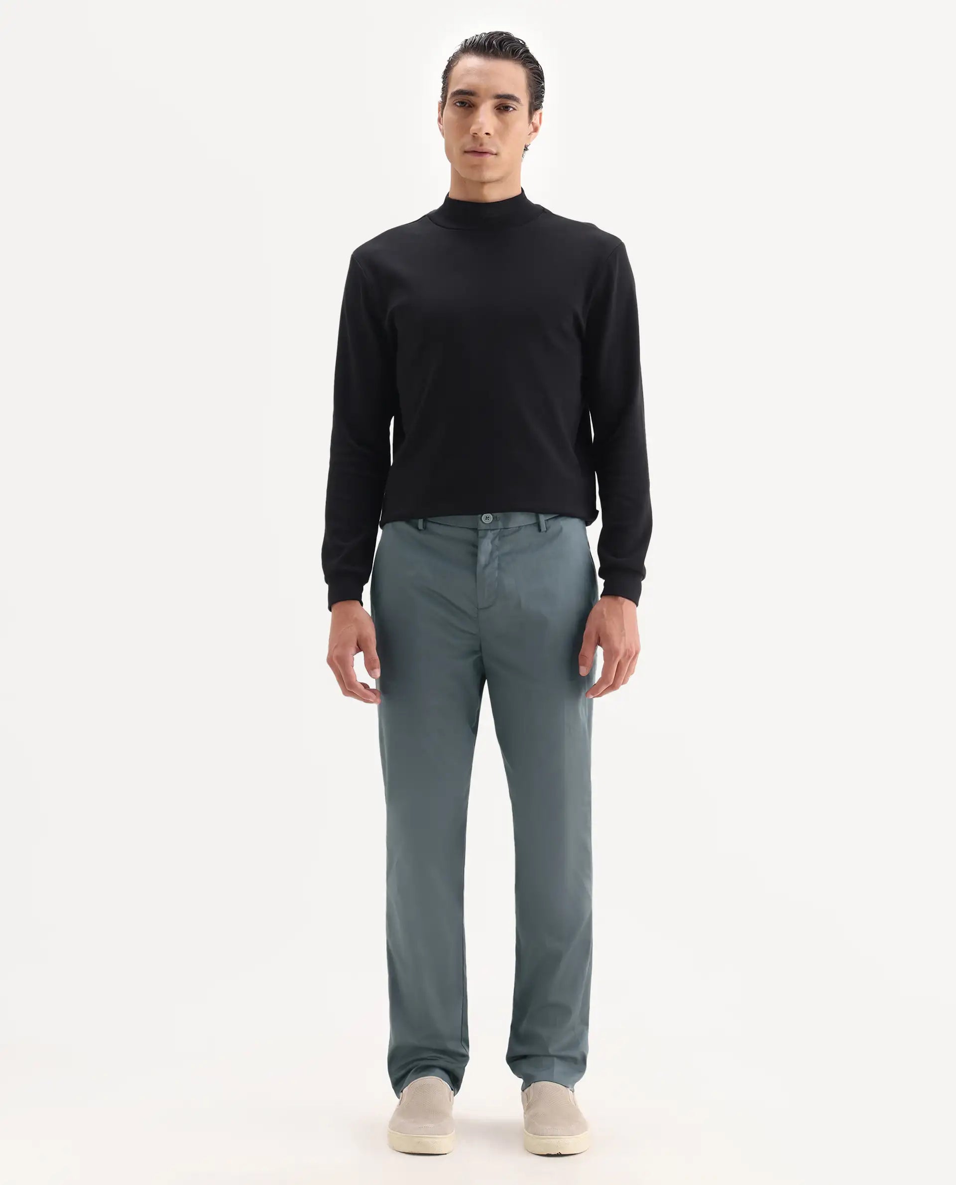 Rare Rabbit Men's Comotel Grey Cotton Blend Plain Regular Fit Trouser