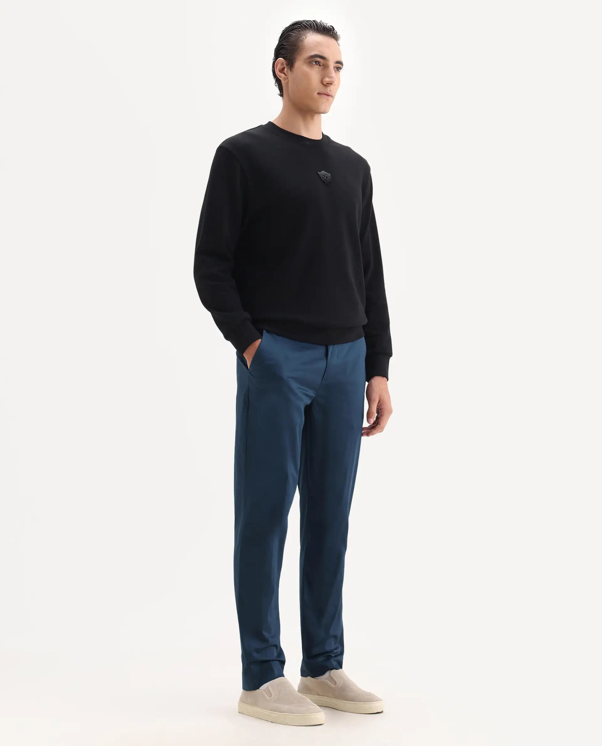 Rare Rabbit Men's Comotel Teal Cotton Blend Plain Regular Fit Trouser