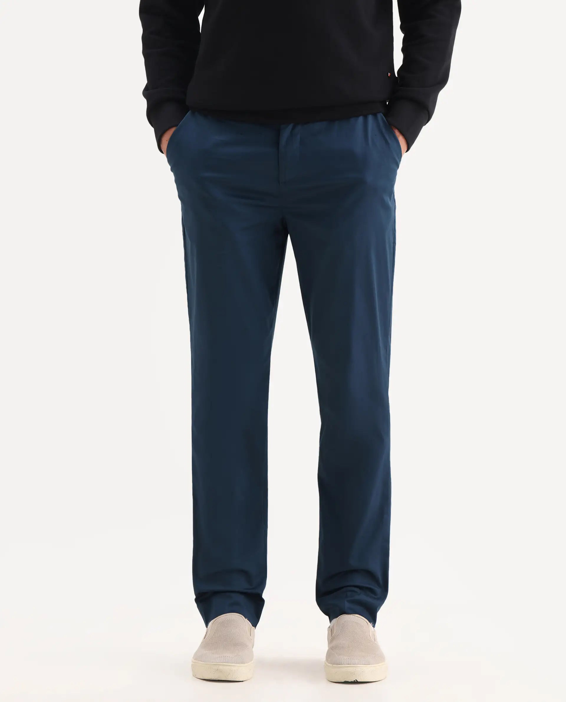 Rare Rabbit Men's Comotel Teal Cotton Blend Plain Regular Fit Trouser