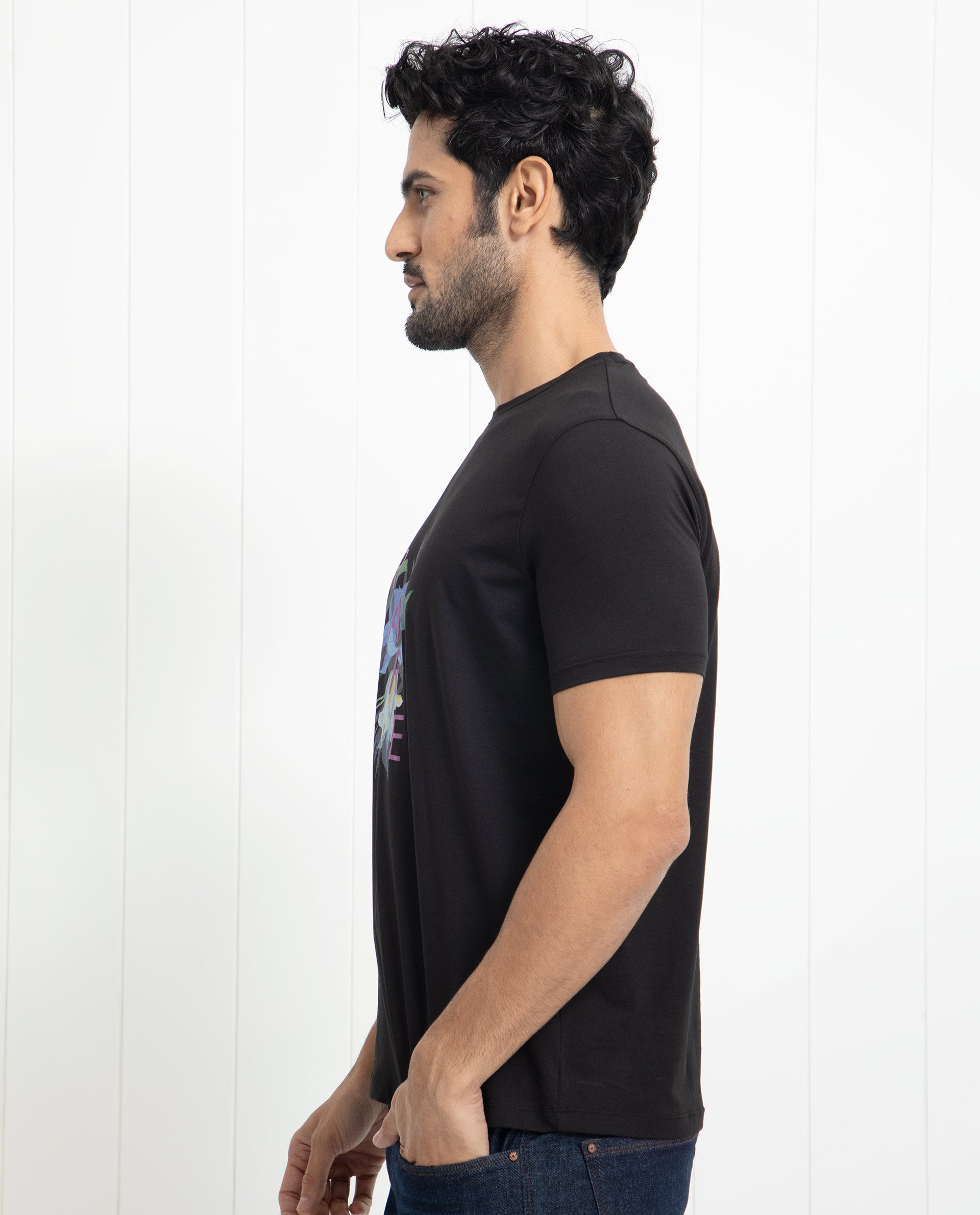 Rare Rabbit Men's Concord Black Crew Neck Half Sleeves Floral Graphic Print Regular Fit T-Shirt