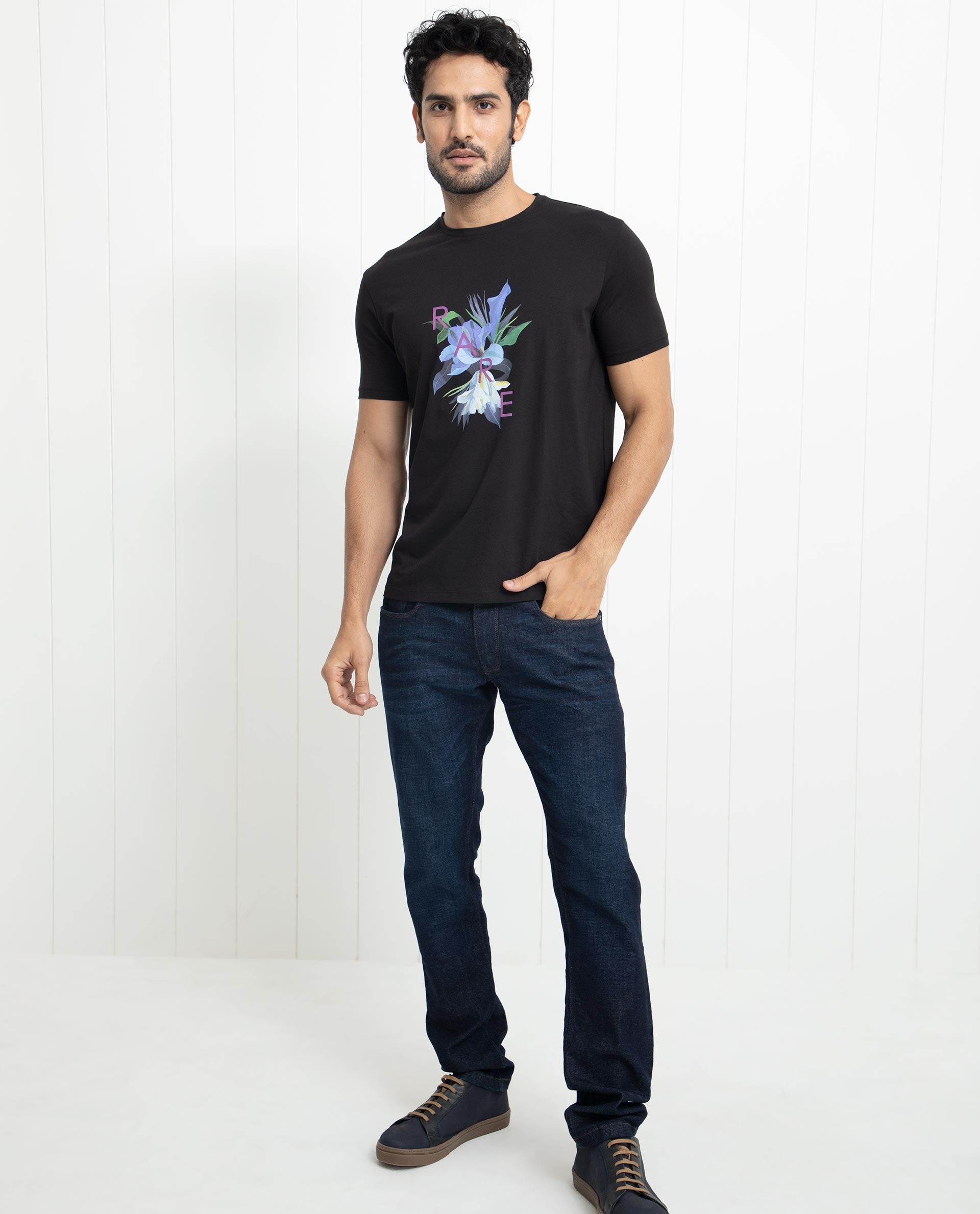 Rare Rabbit Men's Concord Black Crew Neck Half Sleeves Floral Graphic Print Regular Fit T-Shirt