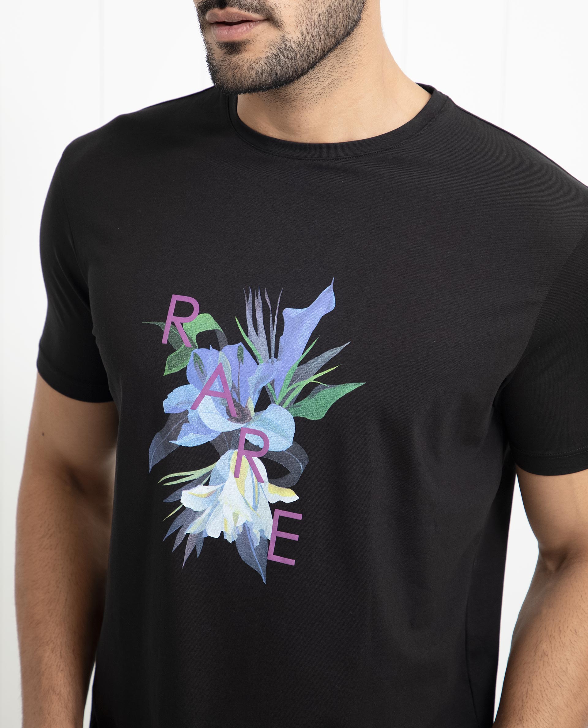 Rare Rabbit Men's Concord Black Crew Neck Half Sleeves Floral Graphic Print Regular Fit T-Shirt