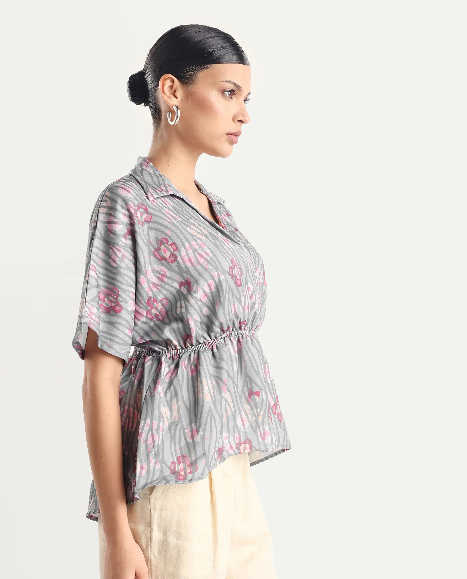 Rareism Women's Copa - Dusky Multi Satin Johnny Collar Floral Print Kimono Sleeve Regular Fit Top