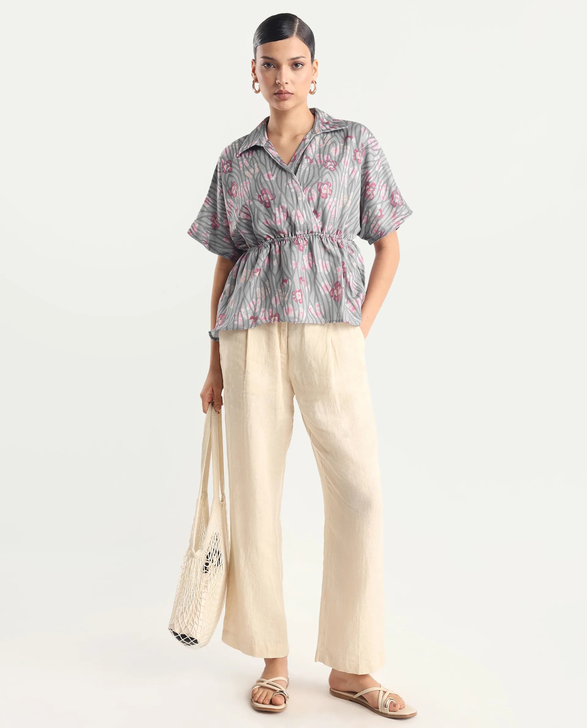 Rareism Women's Copa - Dusky Multi Satin Johnny Collar Floral Print Kimono Sleeve Regular Fit Top