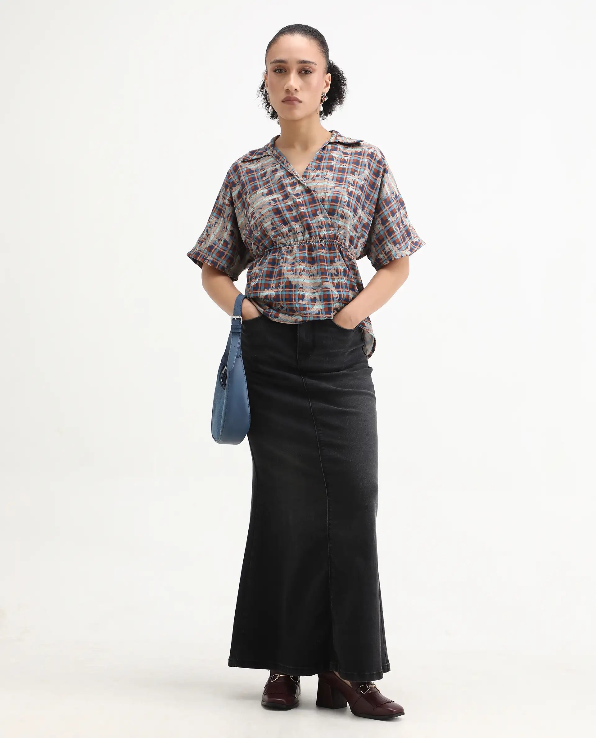 Rareism Women's Copo Dark Multi Polyester Johnny Collar Geometric Print Kimono Sleeve Regular Fit Top