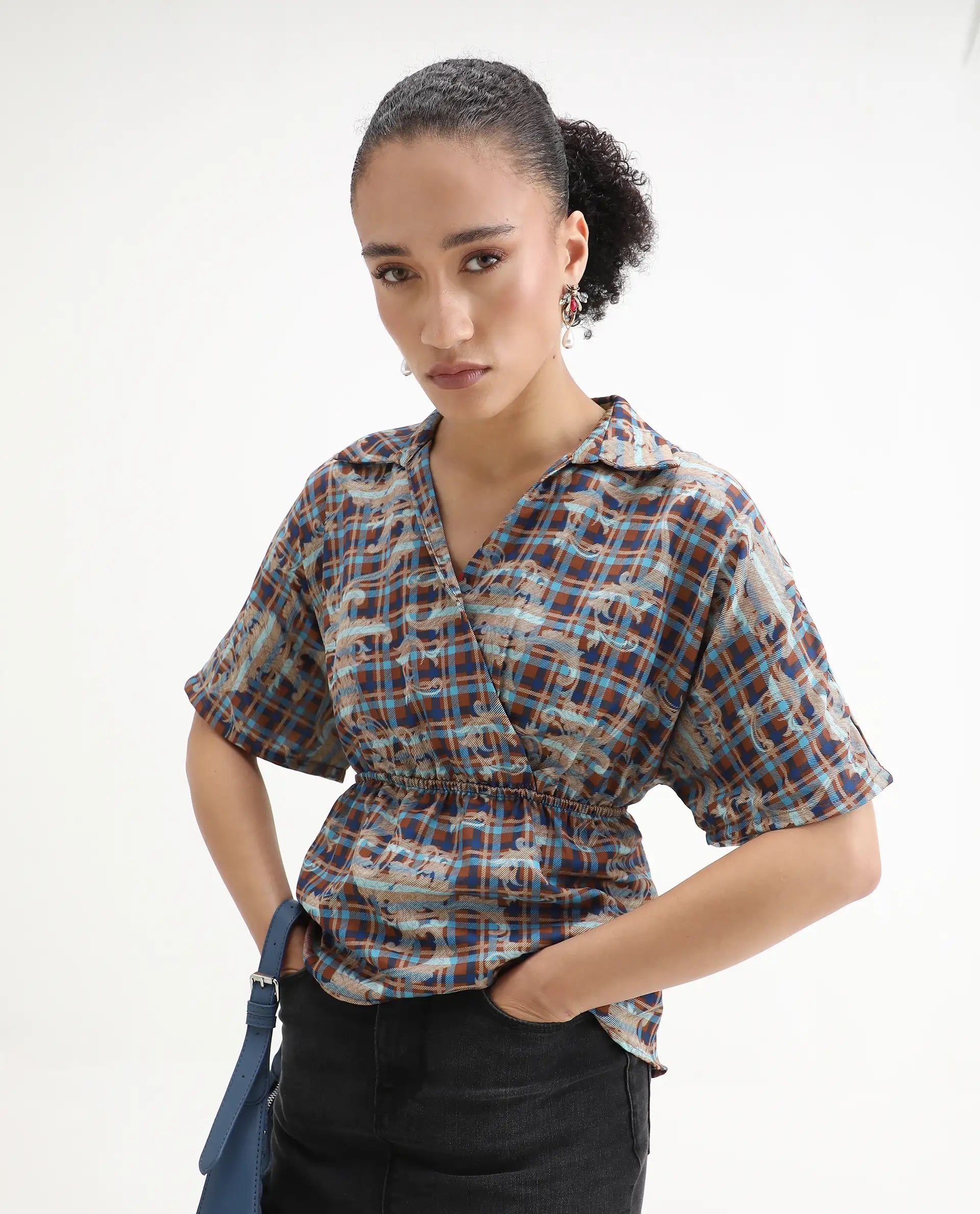 Rareism Women's Copo Dark Multi Polyester Johnny Collar Geometric Print Kimono Sleeve Regular Fit Top