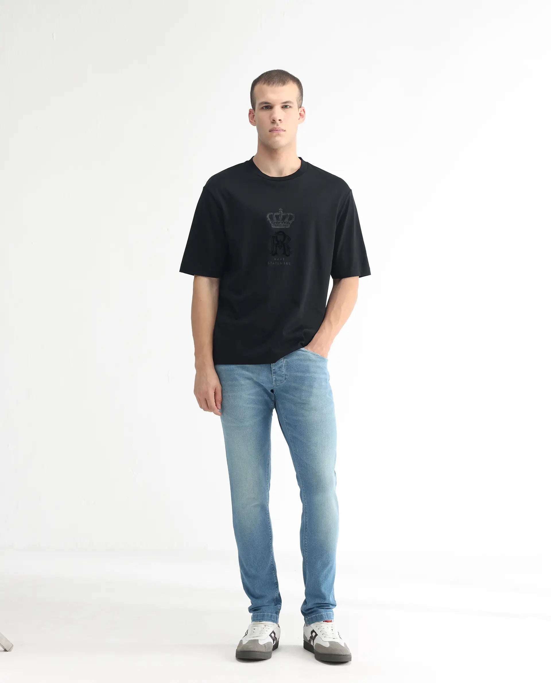 Rare Rabbit Men's Corsica Blue Cotton Plain Hawk Slim Fit Jeans