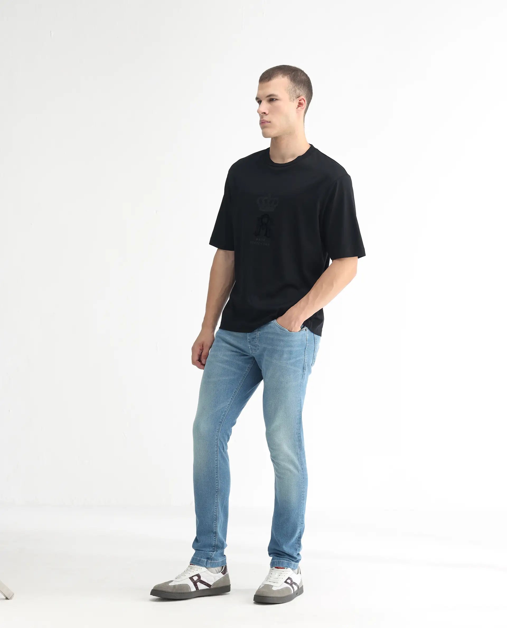 Rare Rabbit Men's Corsica Blue Cotton Plain Hawk Slim Fit Jeans