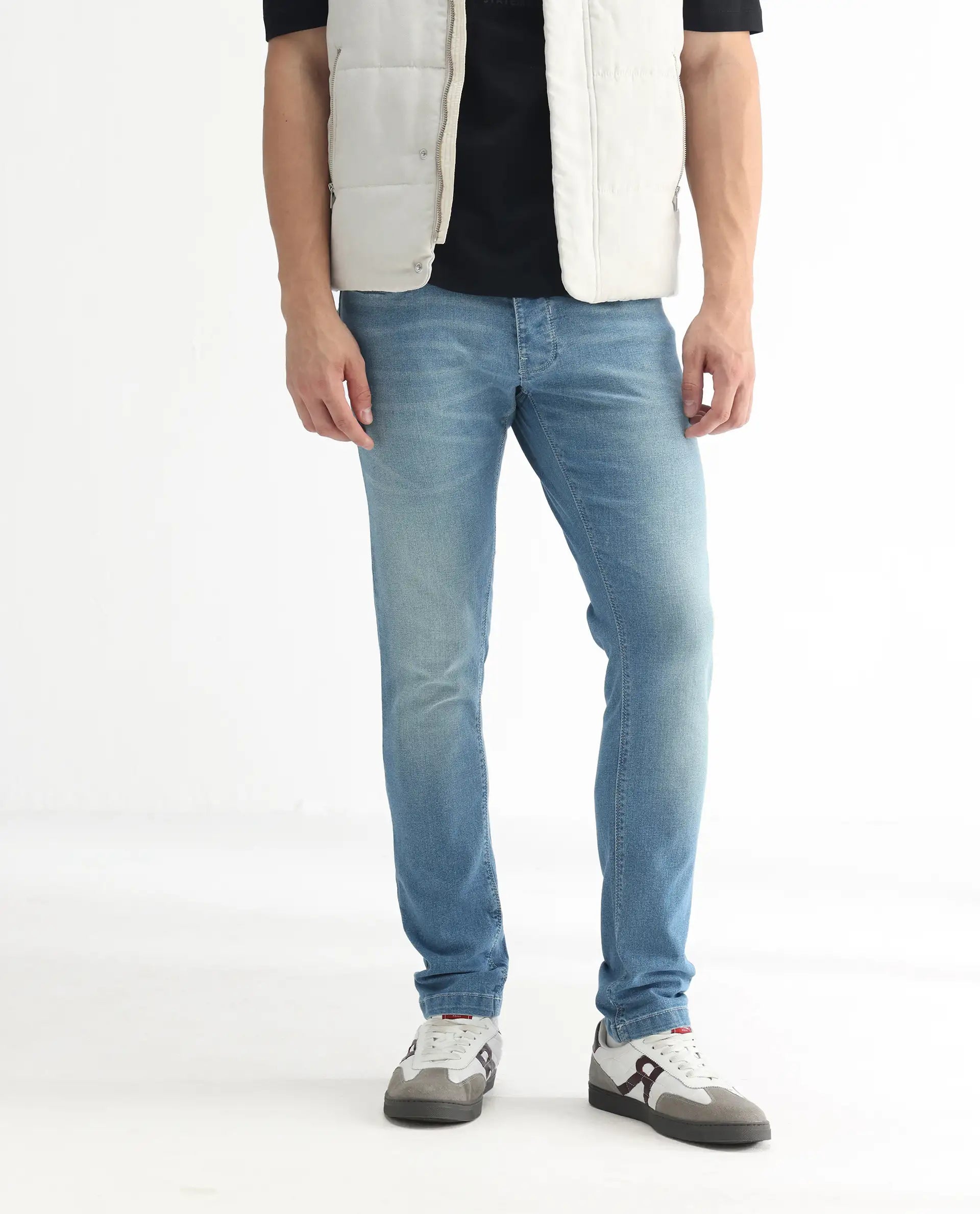 Rare Rabbit Men's Corsica Blue Cotton Plain Hawk Slim Fit Jeans