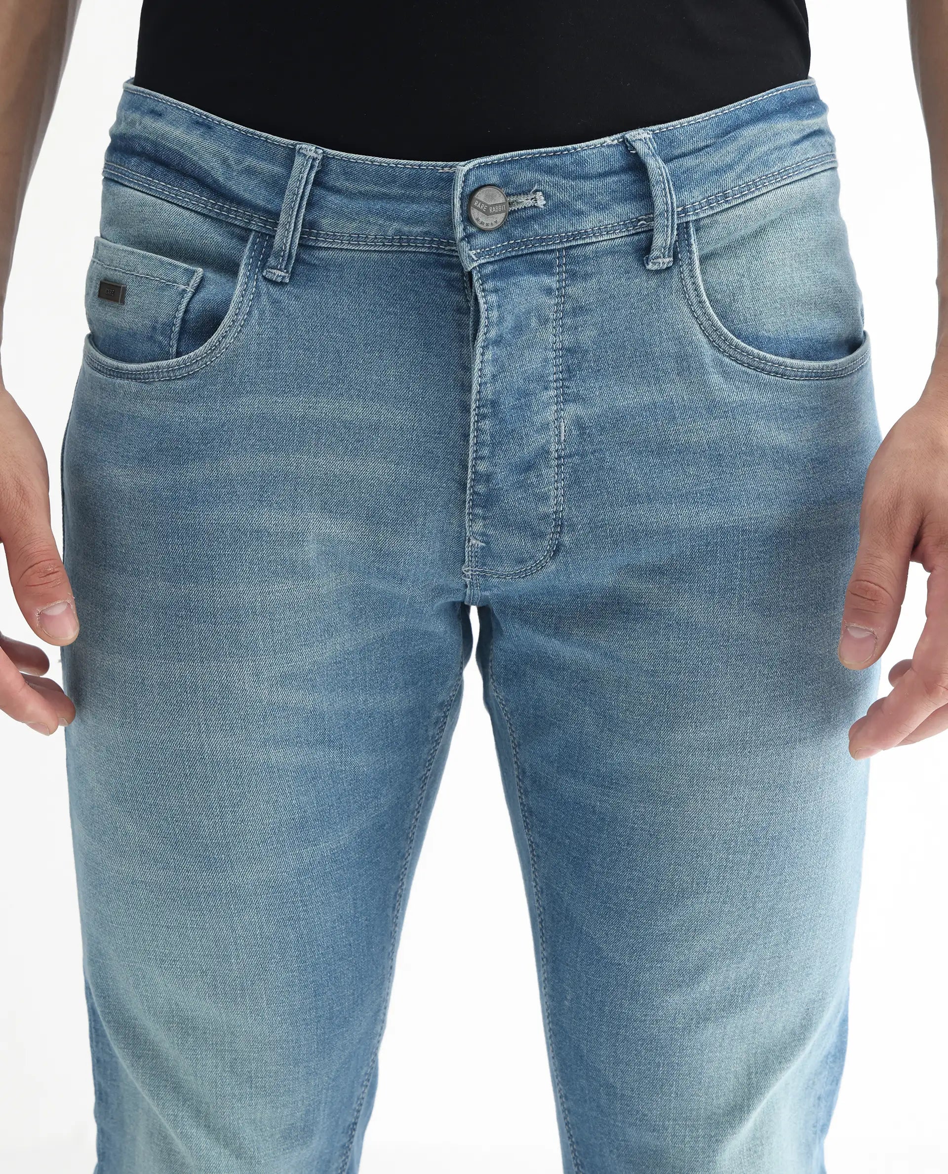 Rare Rabbit Men's Corsica Blue Cotton Plain Hawk Slim Fit Jeans