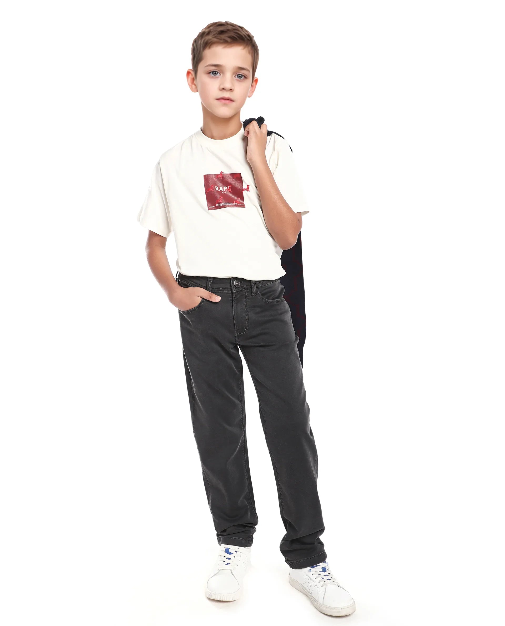 Rare Ones Kid's Corvo-K Grey Cotton Blend Fabric Regular Fit Plain Jeans