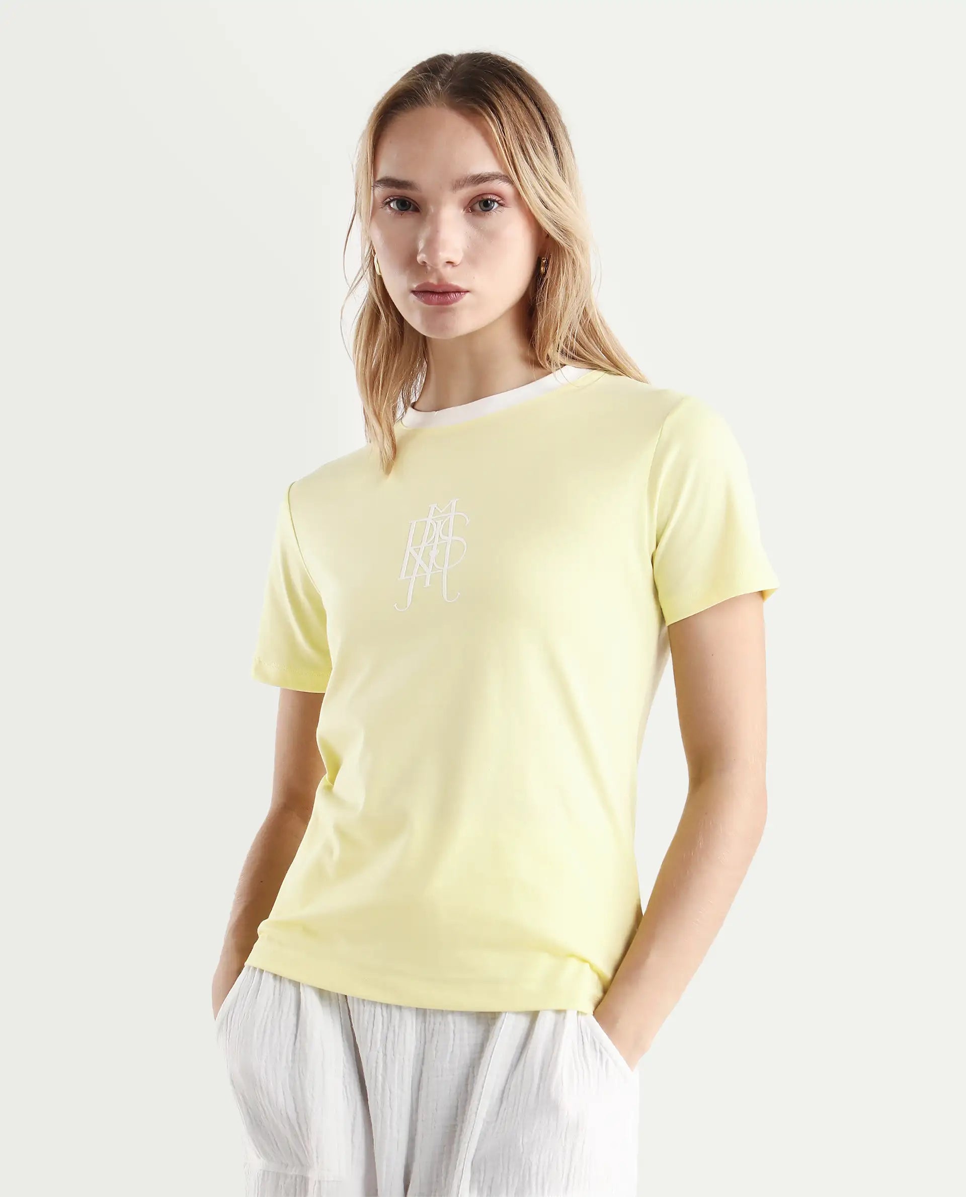 Rareism Women's Cosmo Yellow Cotton Blend Crew Neck Graphic Print Regular Fit T-Shirt