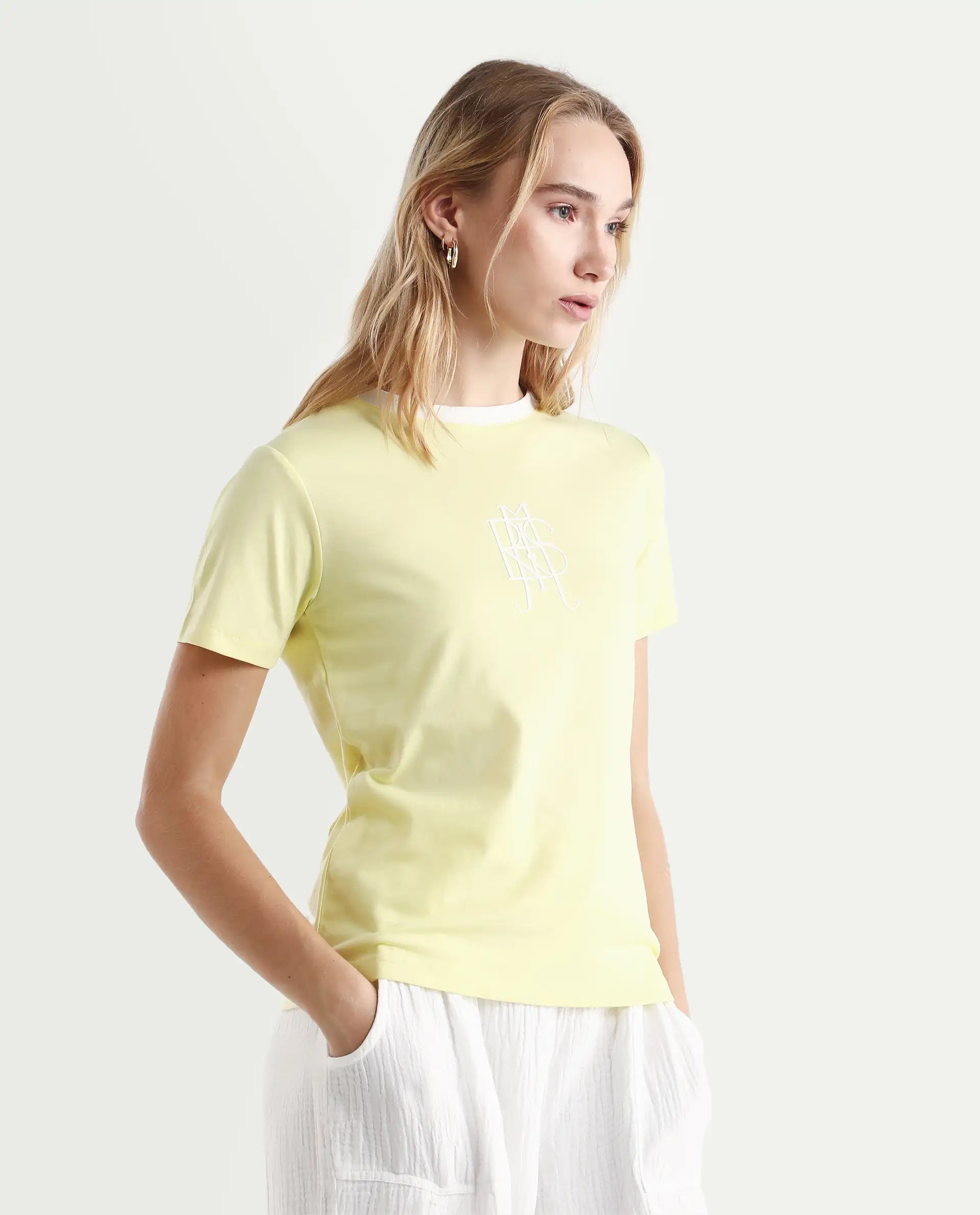 Rareism Women's Cosmo Yellow Cotton Blend Crew Neck Graphic Print Regular Fit T-Shirt