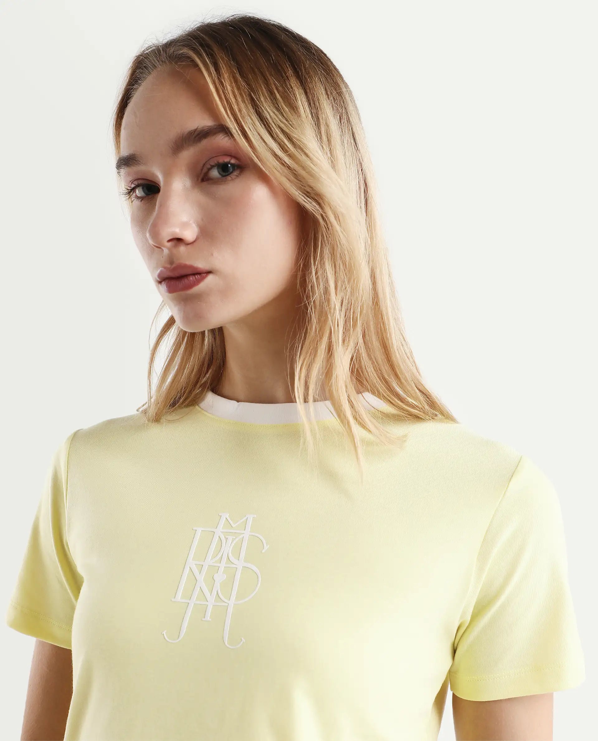 Rareism Women's Cosmo Yellow Cotton Blend Crew Neck Graphic Print Regular Fit T-Shirt