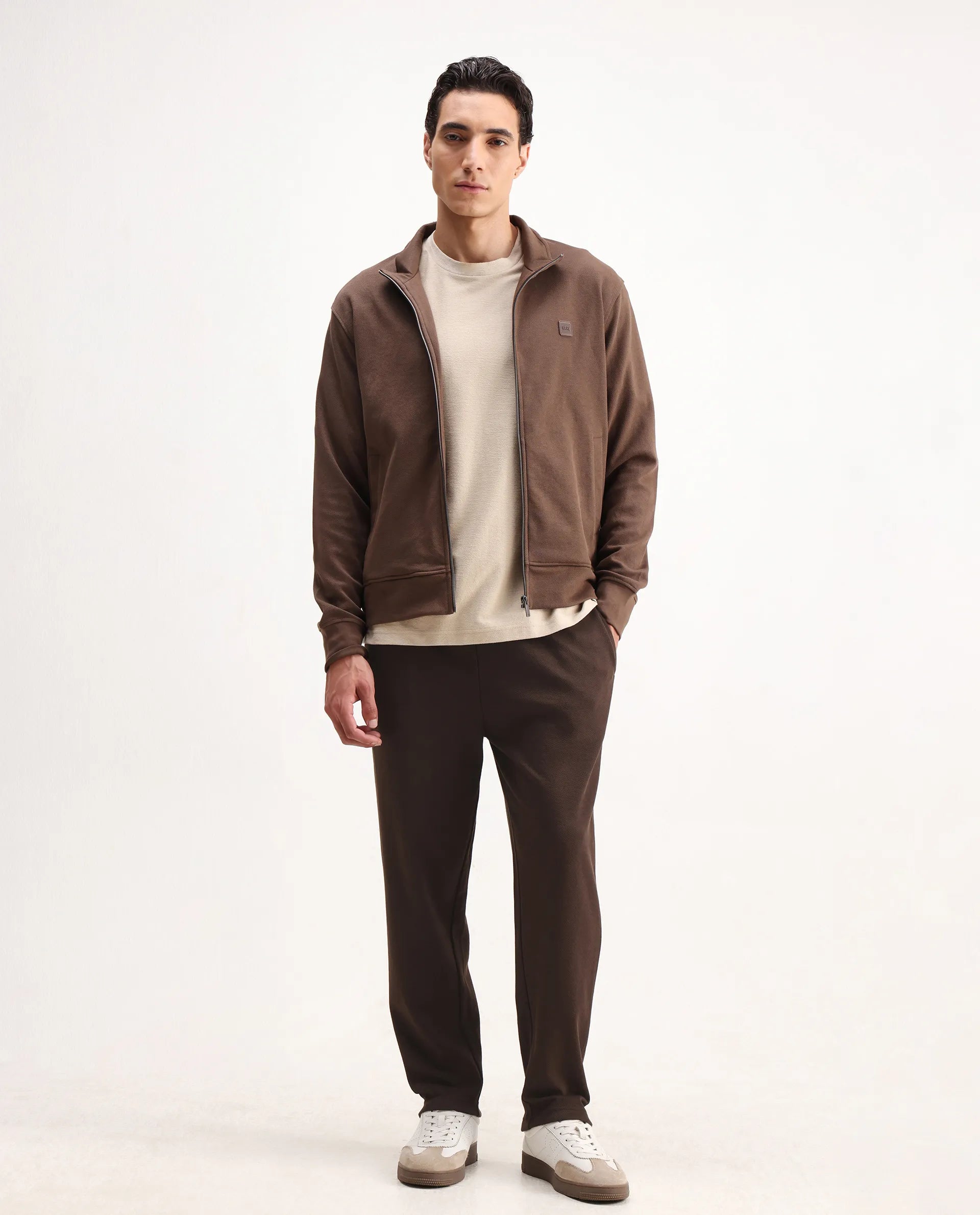 Rare Rabbit Men's Costo-B Dark Brown Polyester Blend Plain Regular Fit Track Pant