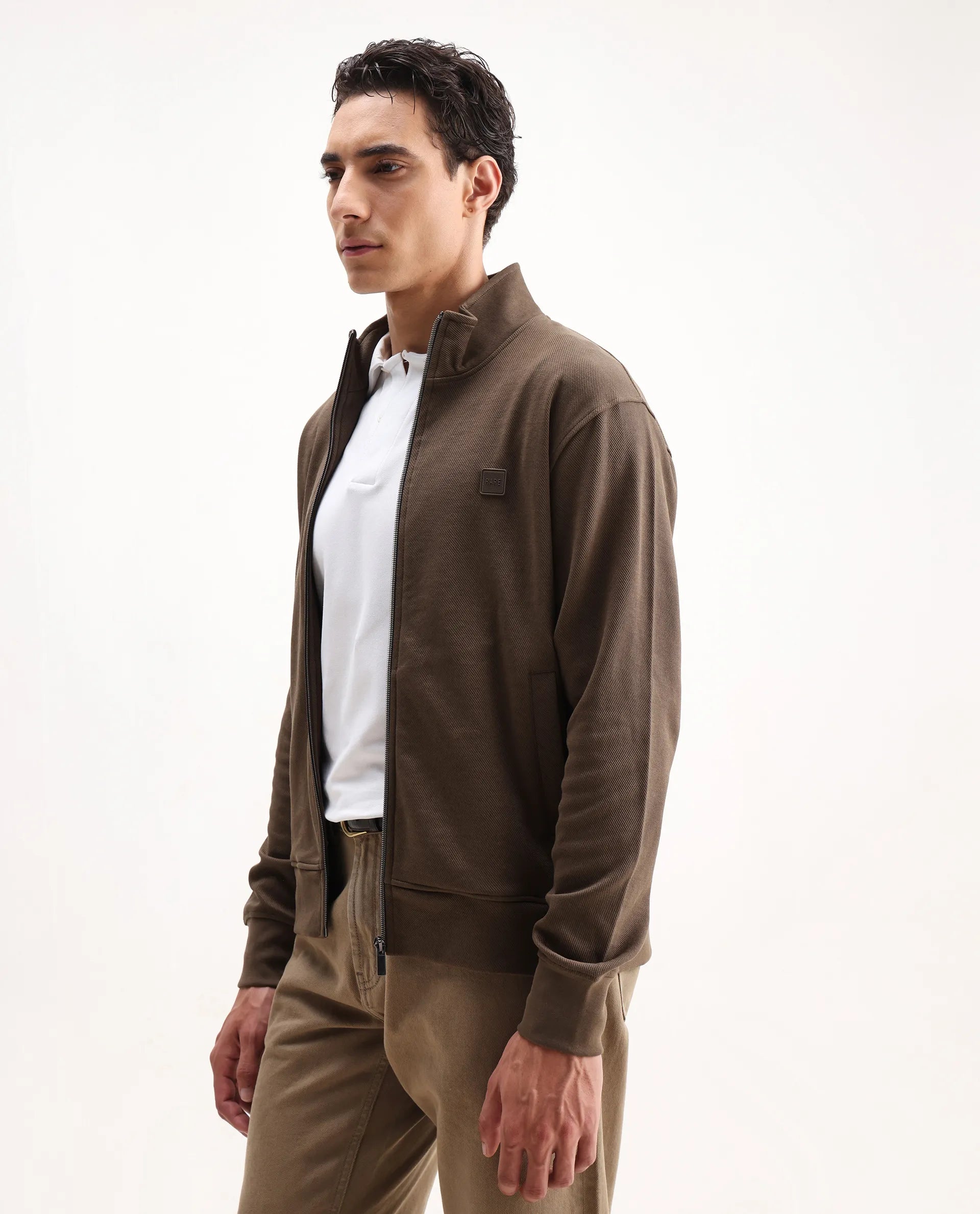 Rare Rabbit Men's Costo-J-S26 Dark Beige Polyester Blend Fabric Full Sleeve High Neck Relaxed Fit Plain Sweatshirt