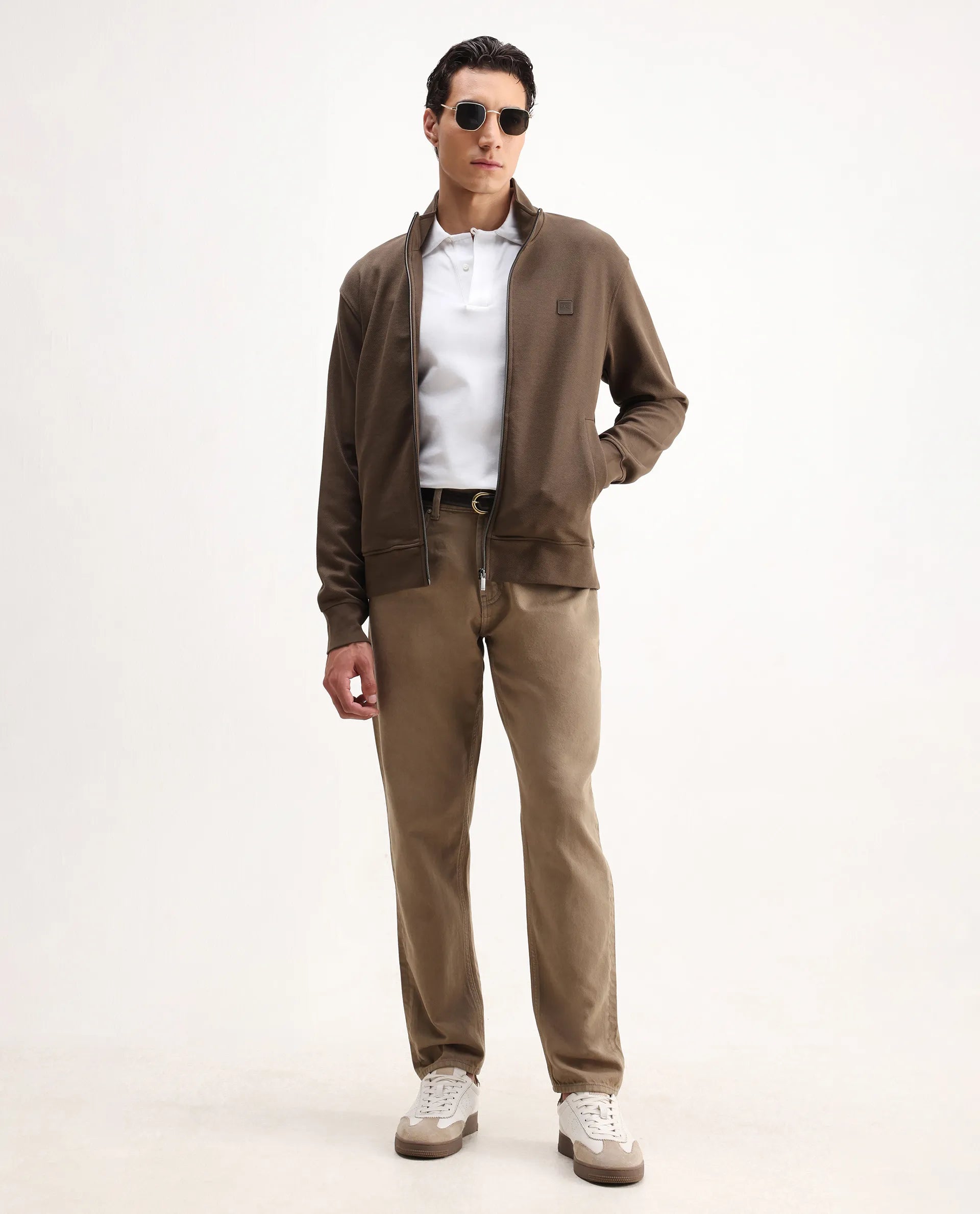 Rare Rabbit Men's Costo-J-S26 Dark Beige Polyester Blend Fabric Full Sleeve High Neck Relaxed Fit Plain Sweatshirt