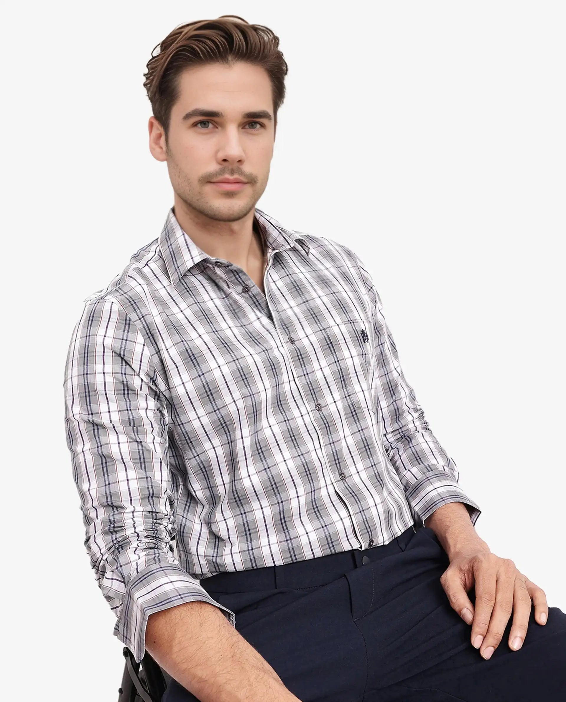 Rare Rabbit Men's Cottbus Grey Cotton Checked Print Regular Fit Full Sleeve Collared Shirt