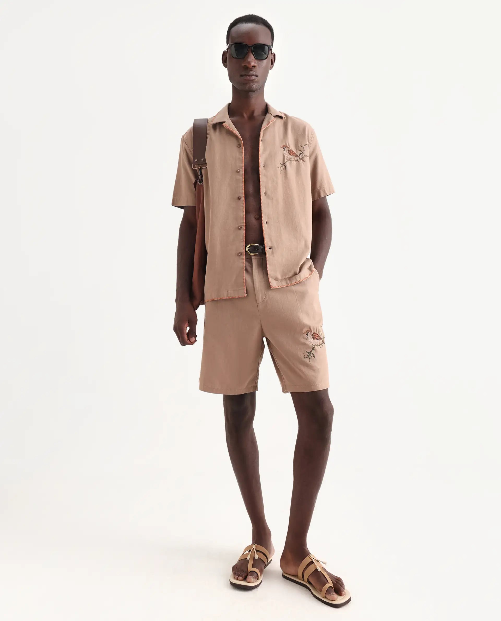 Rare Rabbit Men's Couvin-B Light Brown Cotton Embroidered Regular Fit Shorts