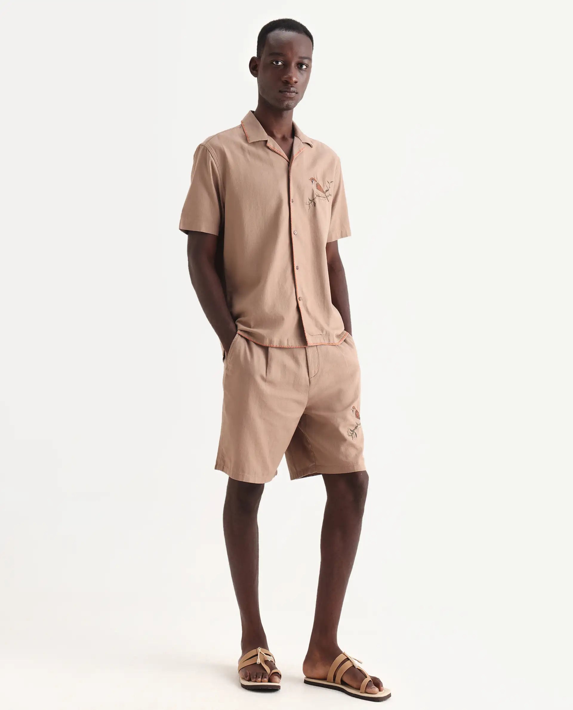 Rare Rabbit Men's Couvin-B Light Brown Cotton Embroidered Regular Fit Shorts