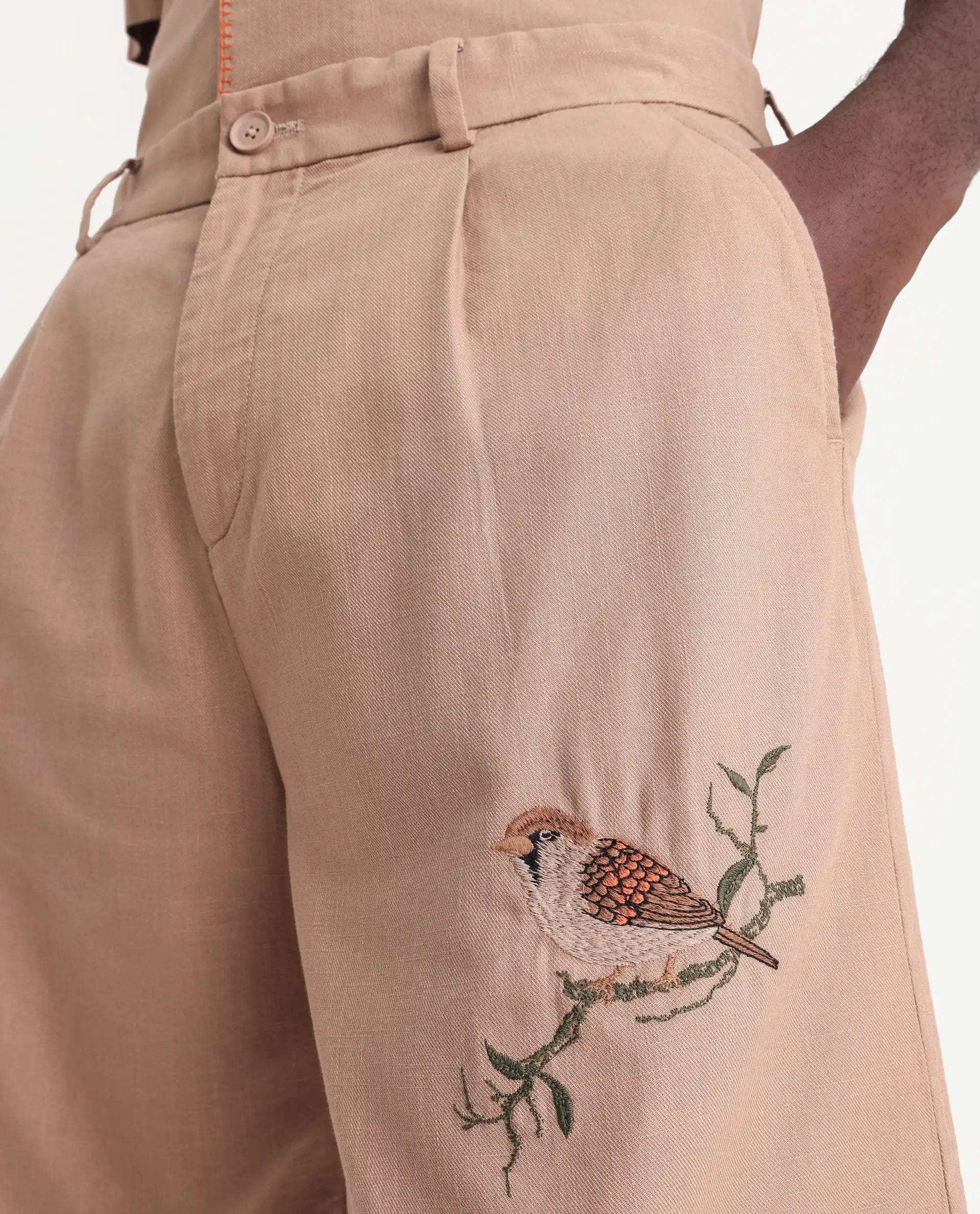 Rare Rabbit Men's Couvin-B Light Brown Cotton Embroidered Regular Fit Shorts