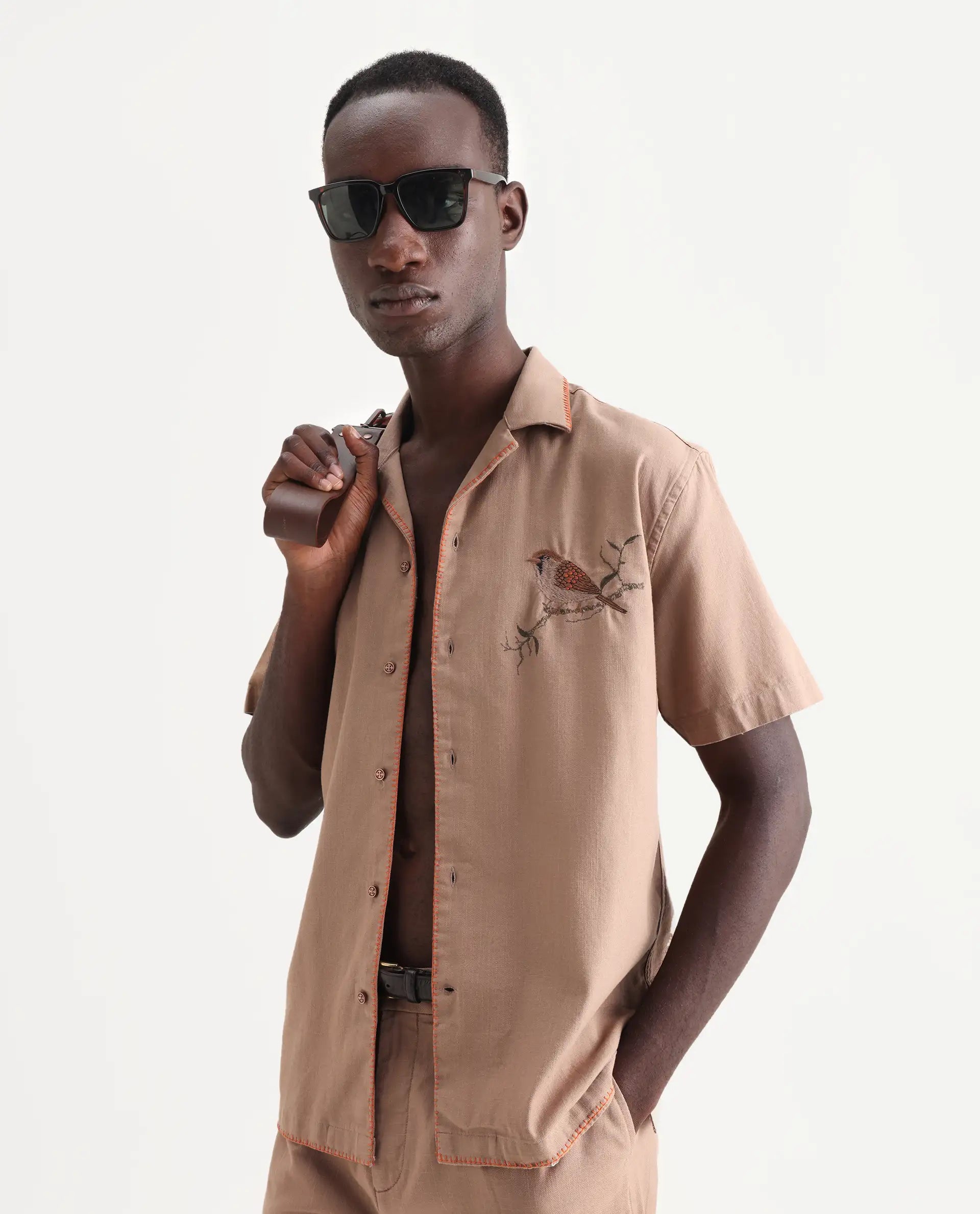 Rare Rabbit Men's Couvin Light Brown Cotton Embroidered Boxy Fit Half Sleeve Cuban Collar Shirt